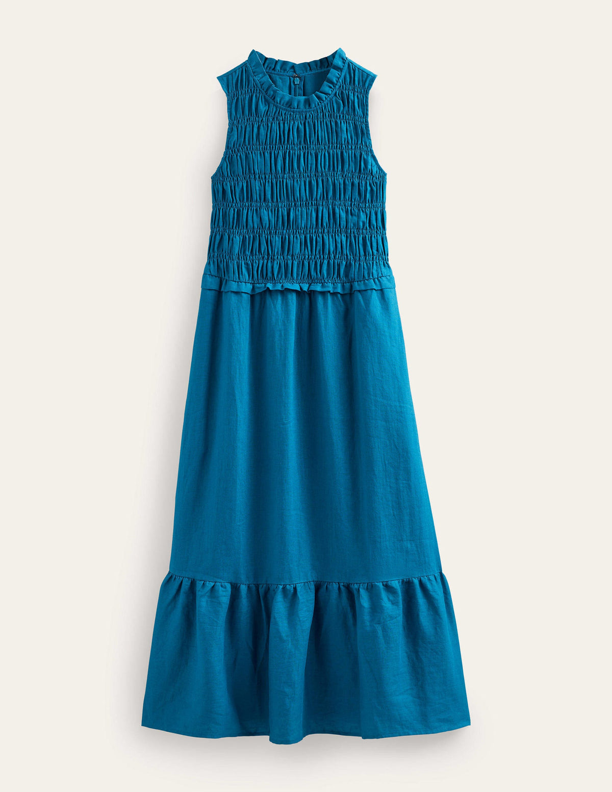 Gesmoktes Midikleid aus Leinen-Petrol-5