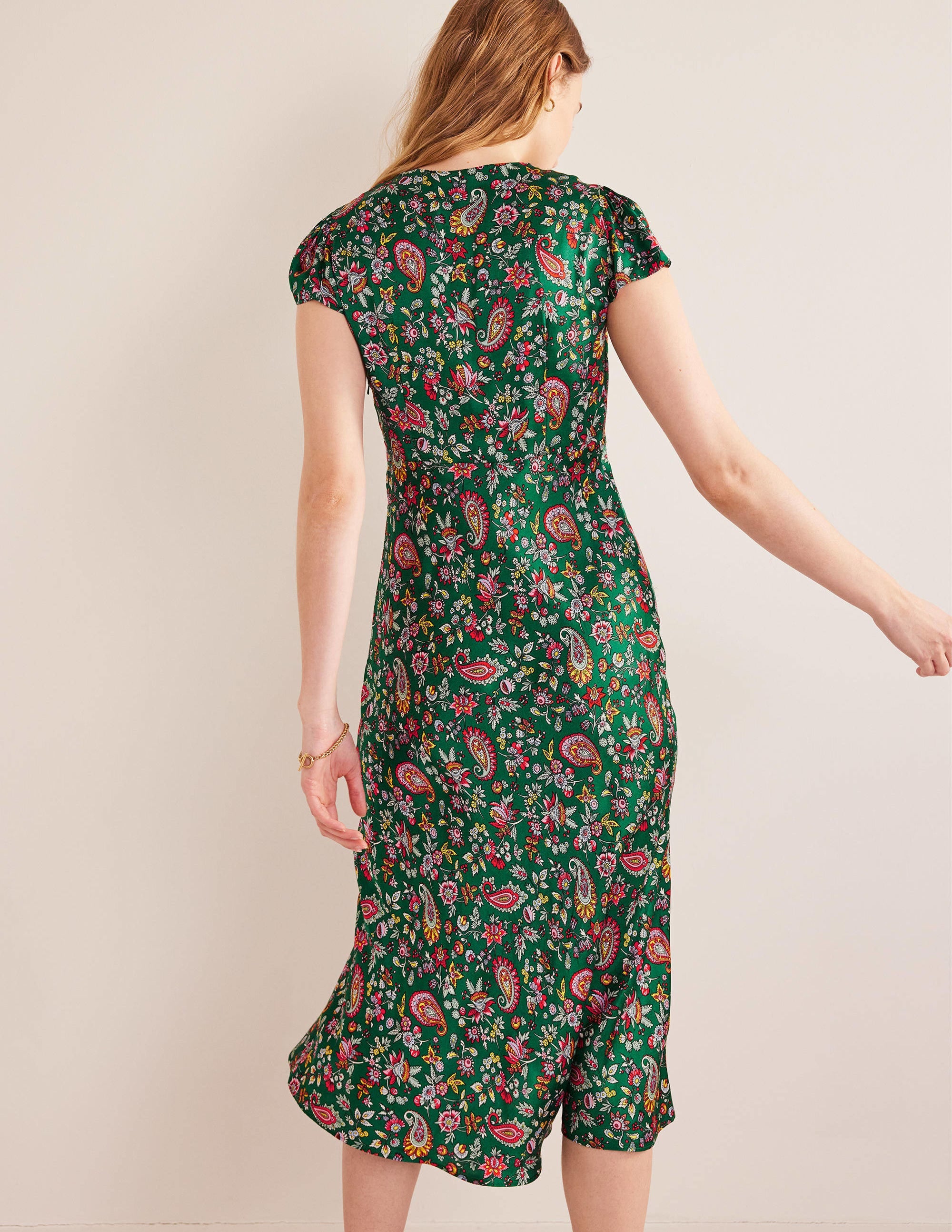 Empire-Midikleid aus Satin-Grün, Löwenzahnmuster - Image 3