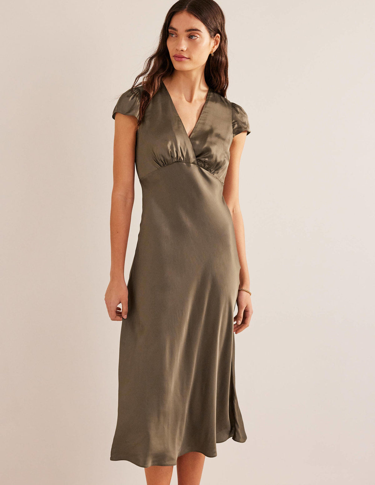 Satin Empire Midi Tea Dress-Khaki - Image 1