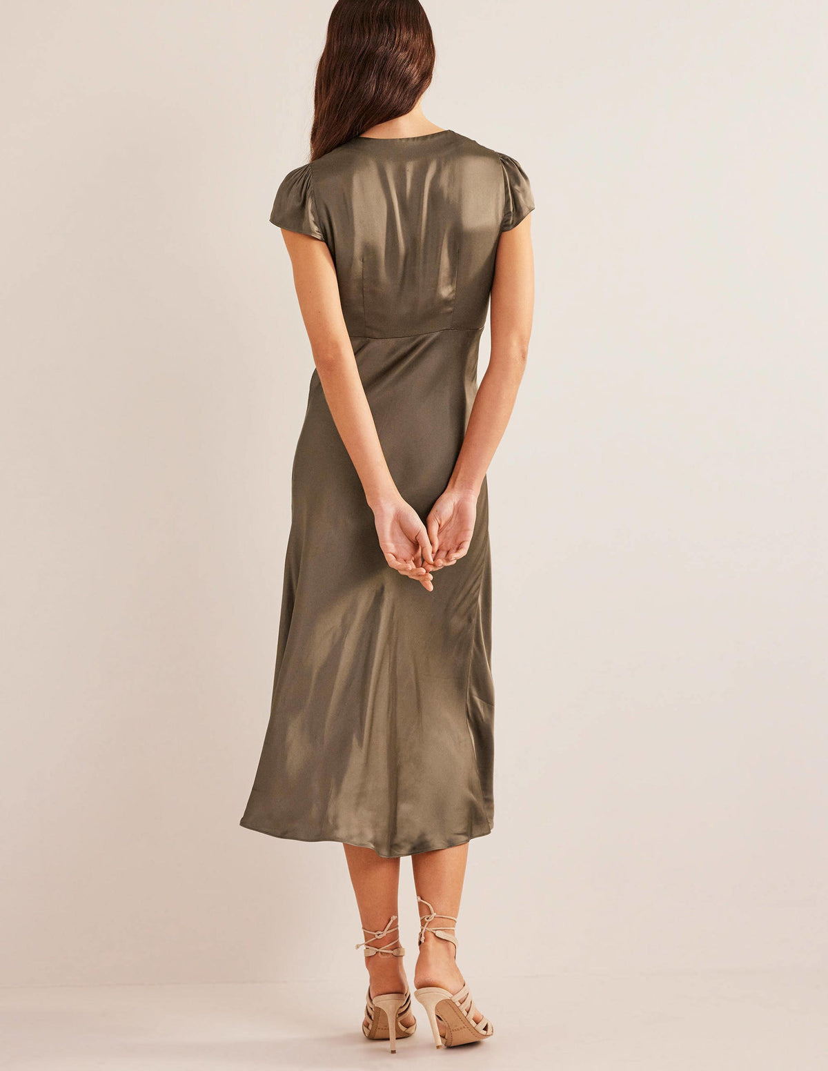 Satin Empire Midi Tea Dress-Khaki - Image 3