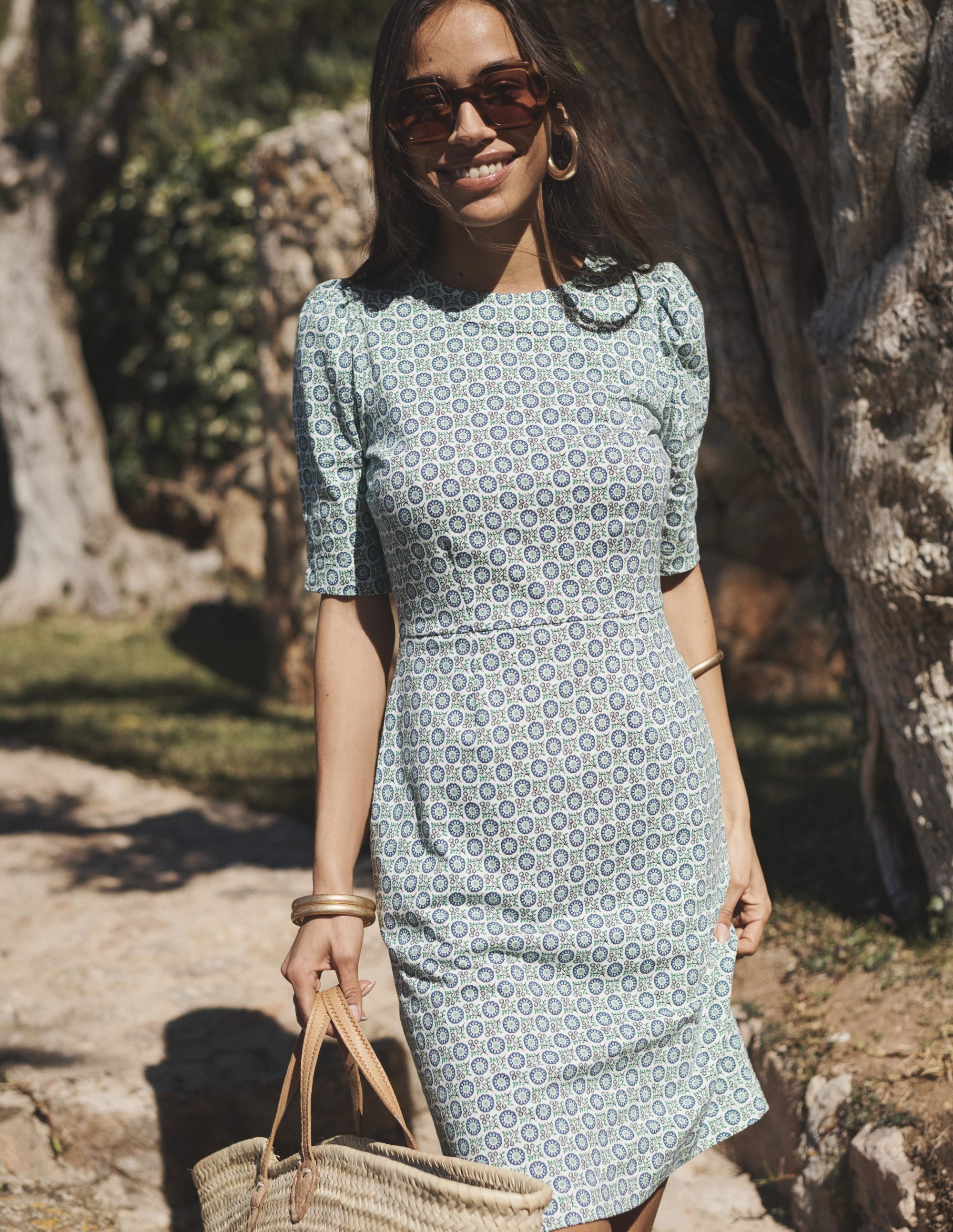 Robe en jersey à col rond-Bleu égéen, motif Sunflower Sprig - Image 5