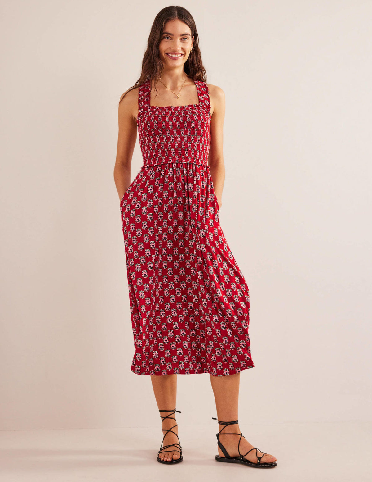 Cross Back Jersey Midi Dress-Poinsettia, Dainty Floret-1