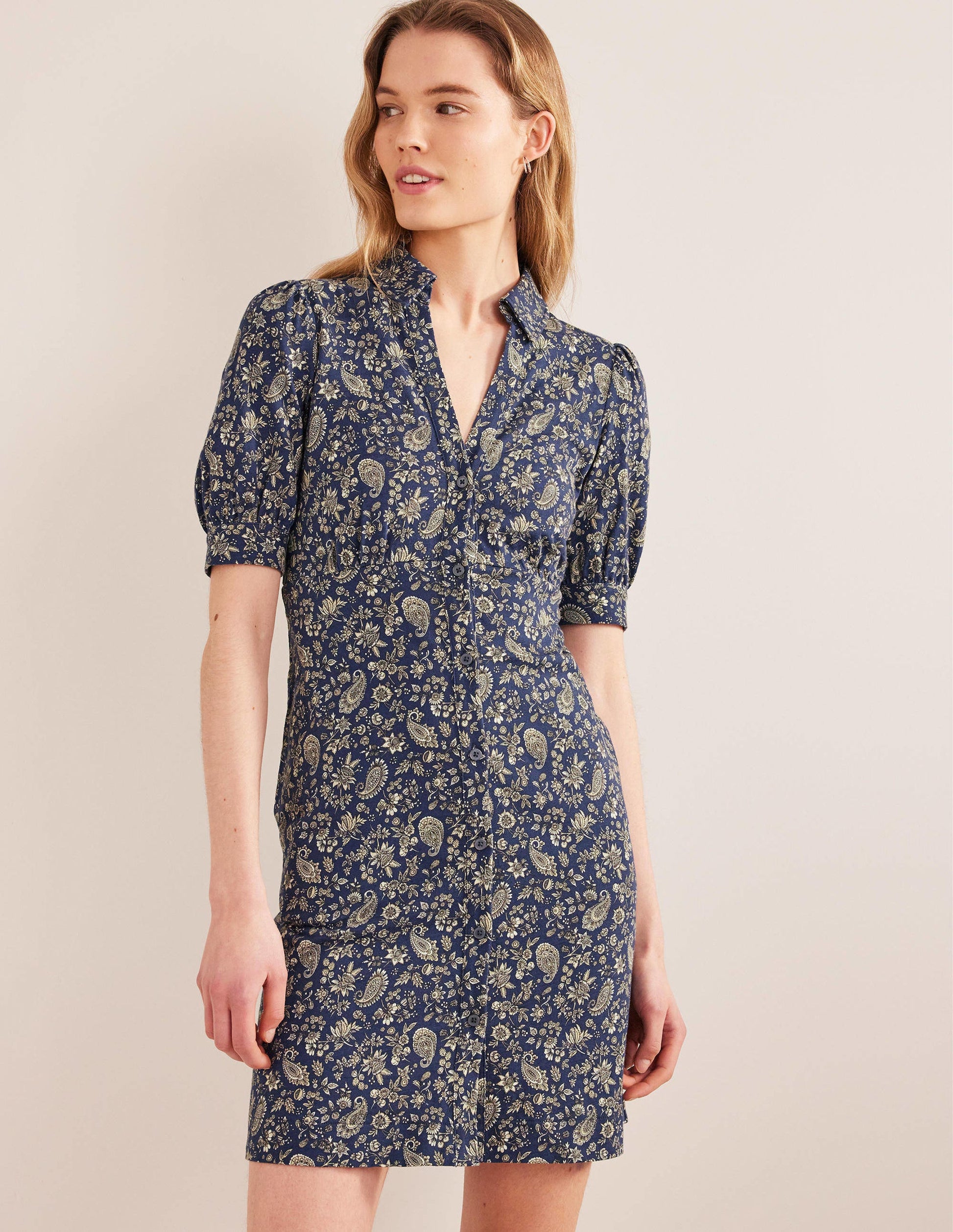 Minikleid mit Knopfleiste-Marineblau, Löwenzahnmuster-4