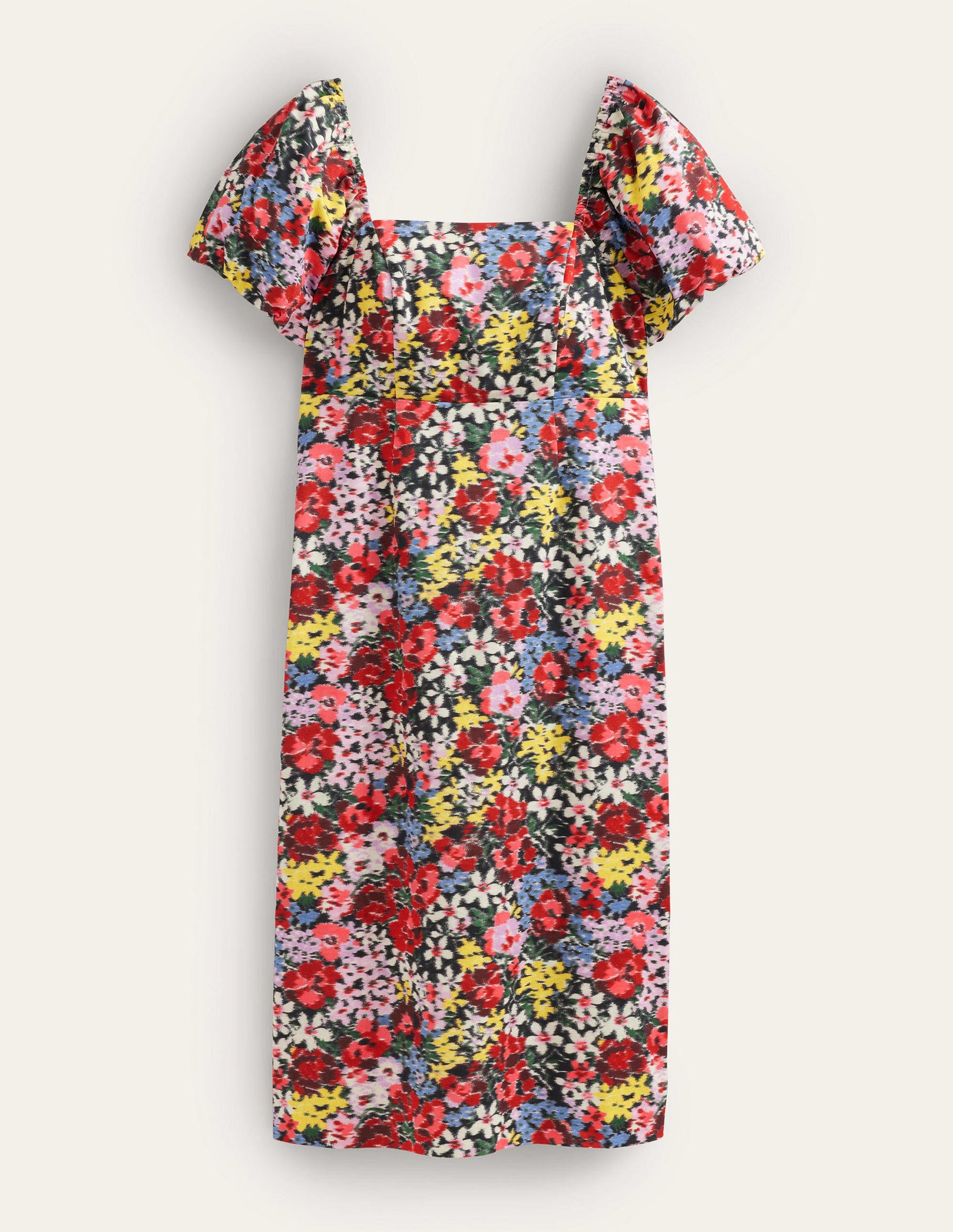 Säulen-Midikleid mit Puffärmeln-Bunt, Moiré-Blüten-5