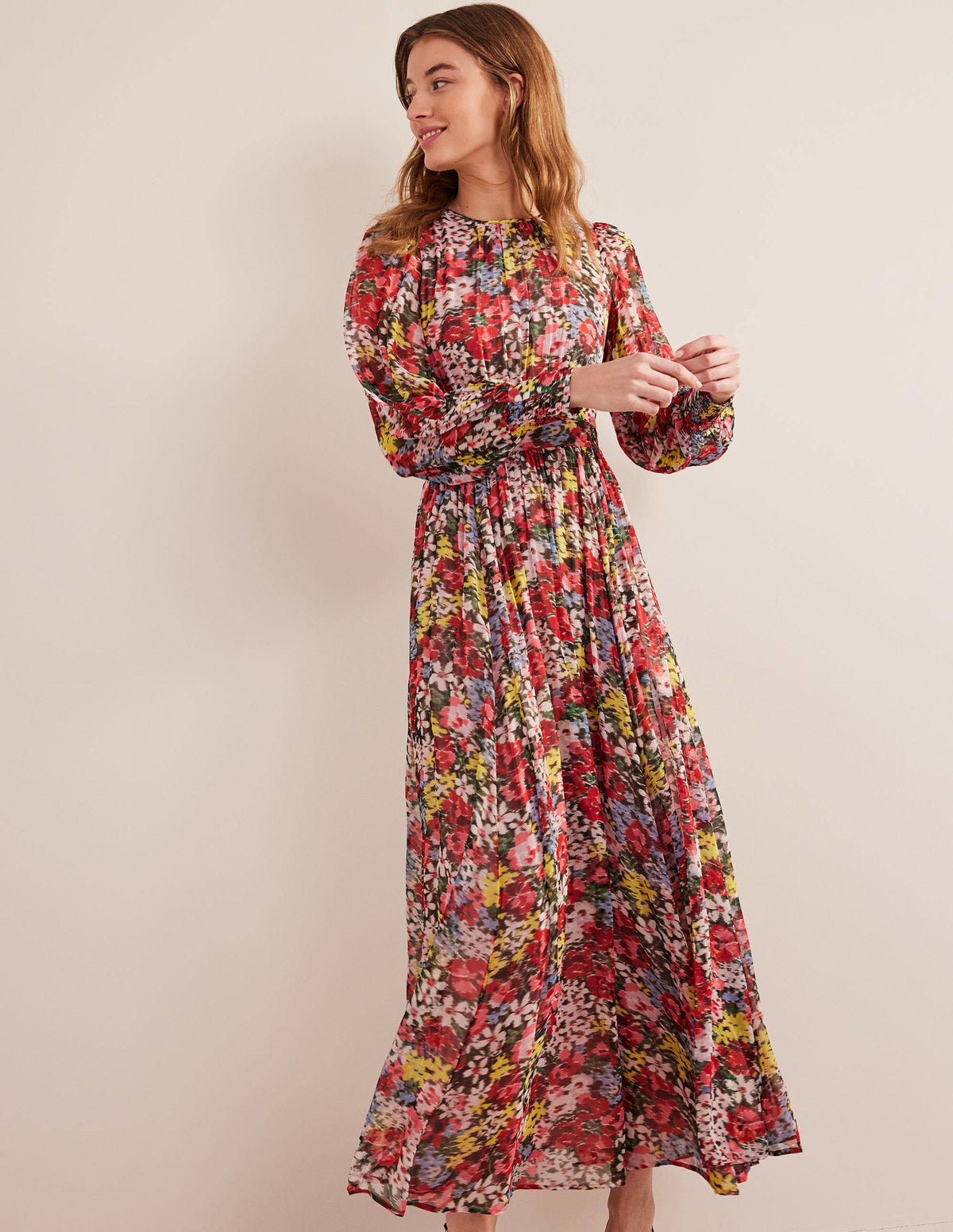 Maxikleid mit geschwungener Taille-Bunt, Moiré-Blüten-4