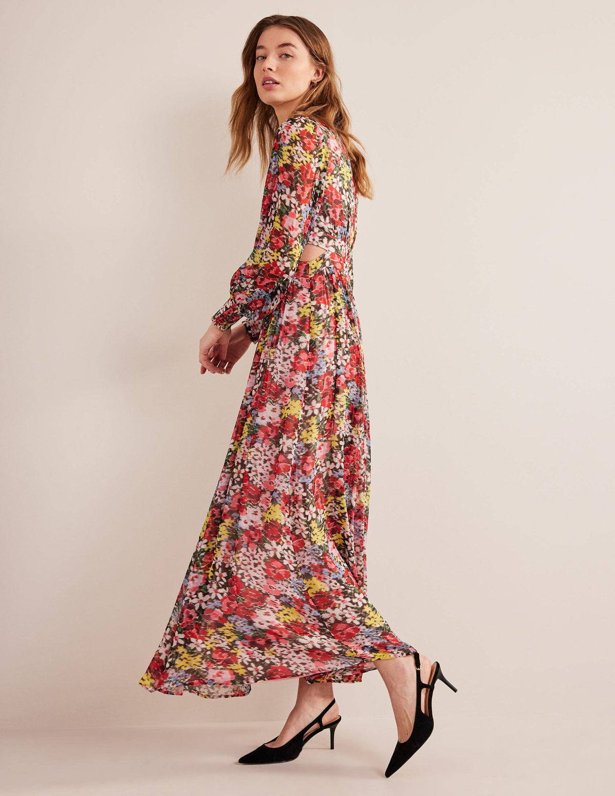 Maxikleid mit geschwungener Taille-Bunt, Moiré-Blüten-5