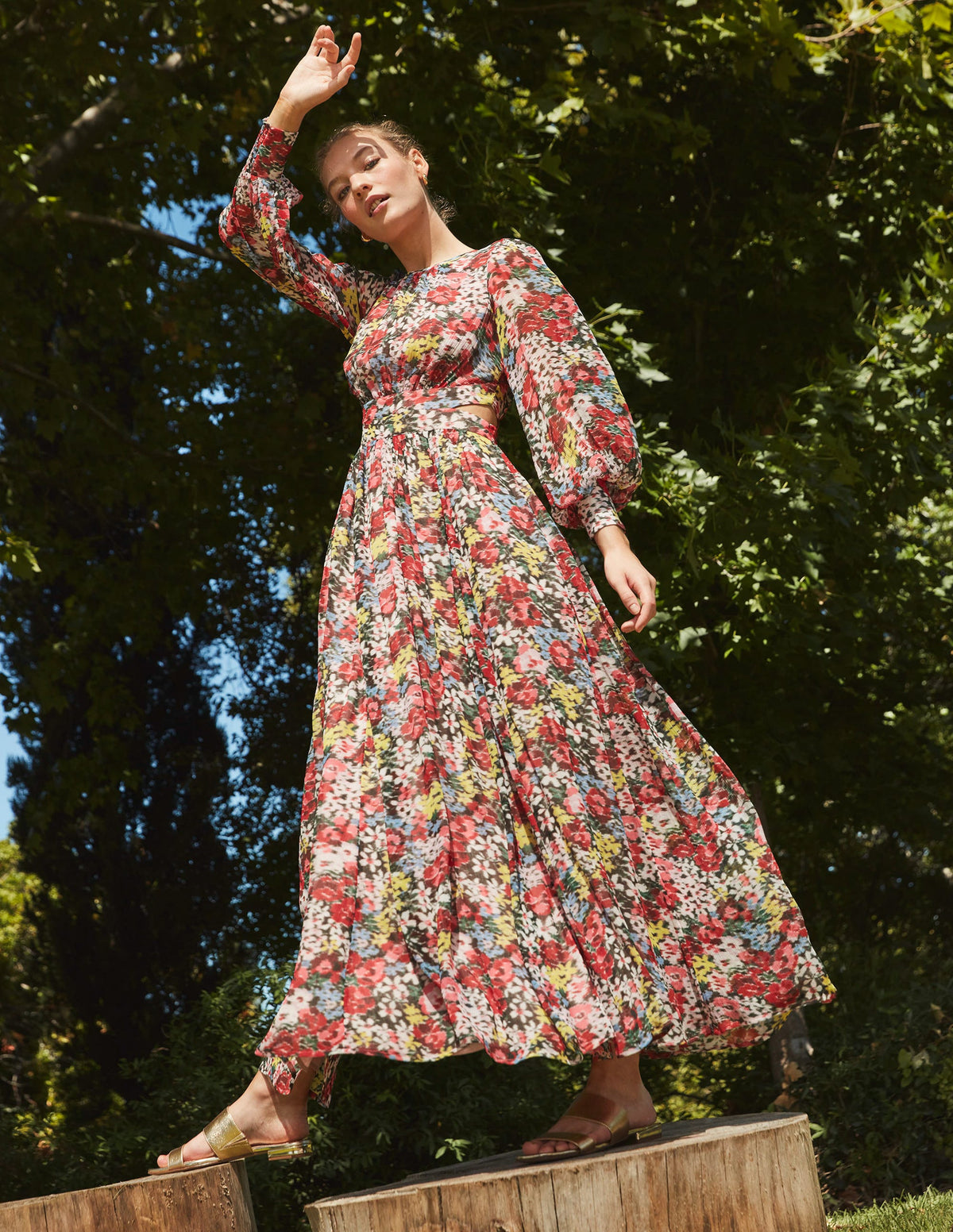 Maxikleid mit geschwungener Taille-Bunt, Moiré-Blüten - Image 6