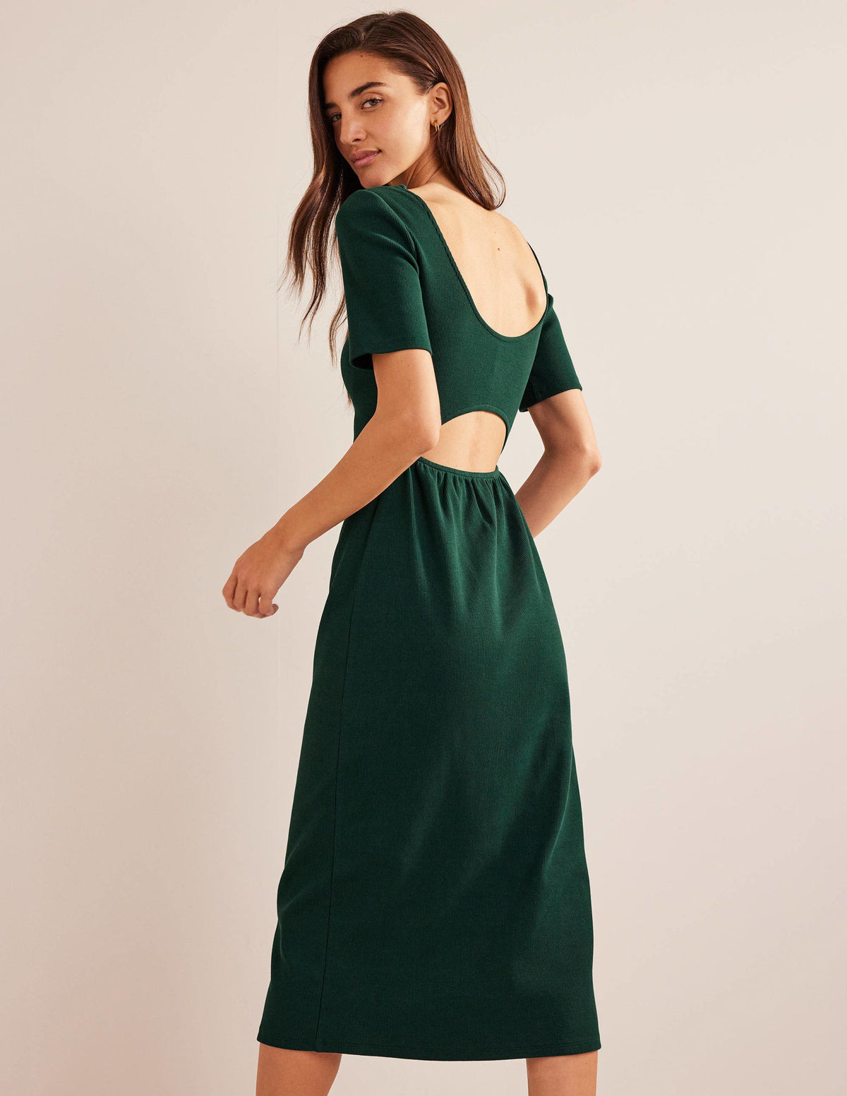 Geripptes Jersey-Midikleid mit Cut-out-Detail-Dunkles Smaragdgrün - Image 3