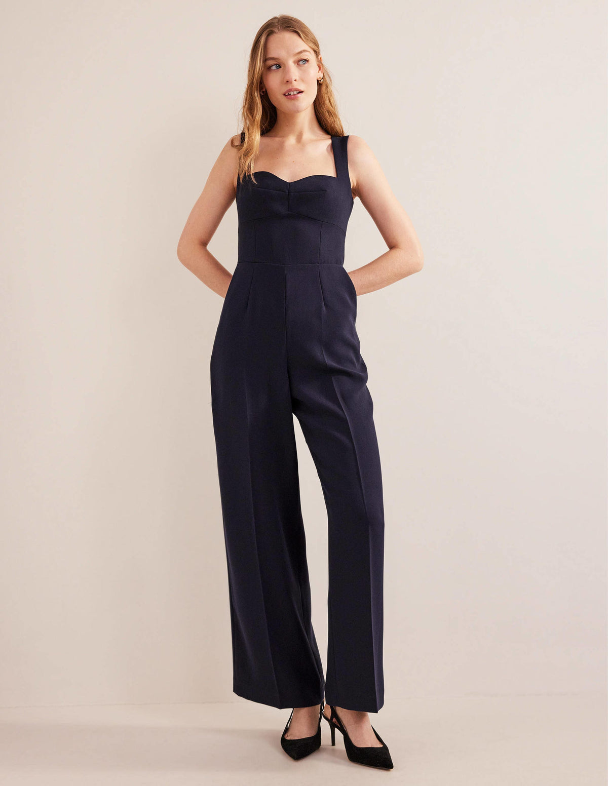 Jumpsuit mit Herzausschnitt und weitem Bein-Marineblau - Image 1