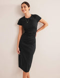 Robe midi en jersey à fronces latérales-Noir
