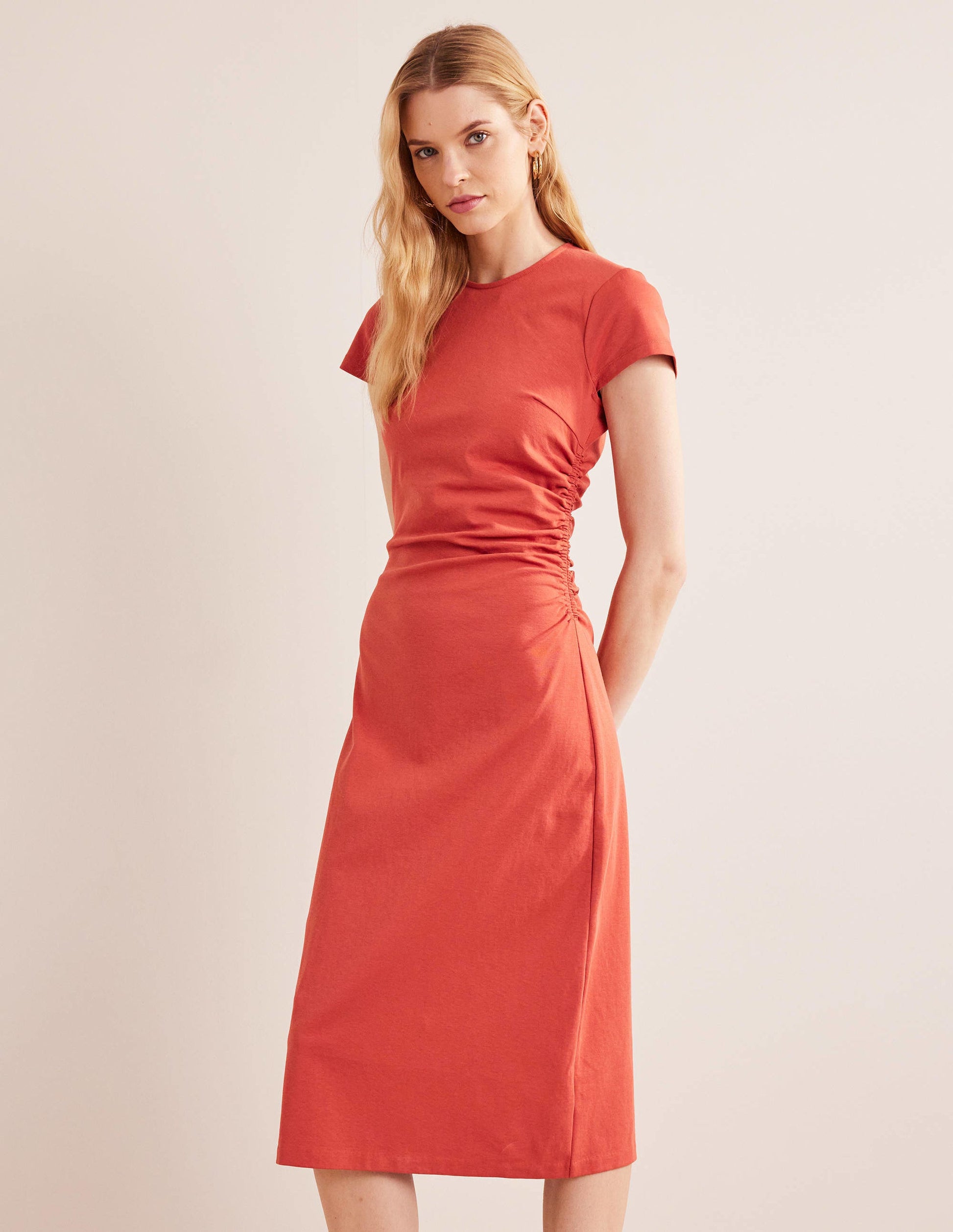 Side Ruched Jersey Midi Dress-Tomato-1