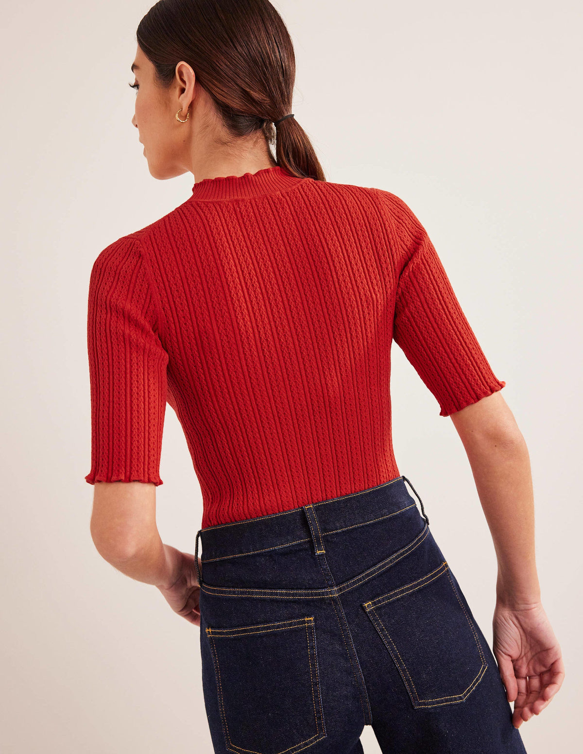 Ribbed Pointelle High Neck Top-Tomato - Image 3
