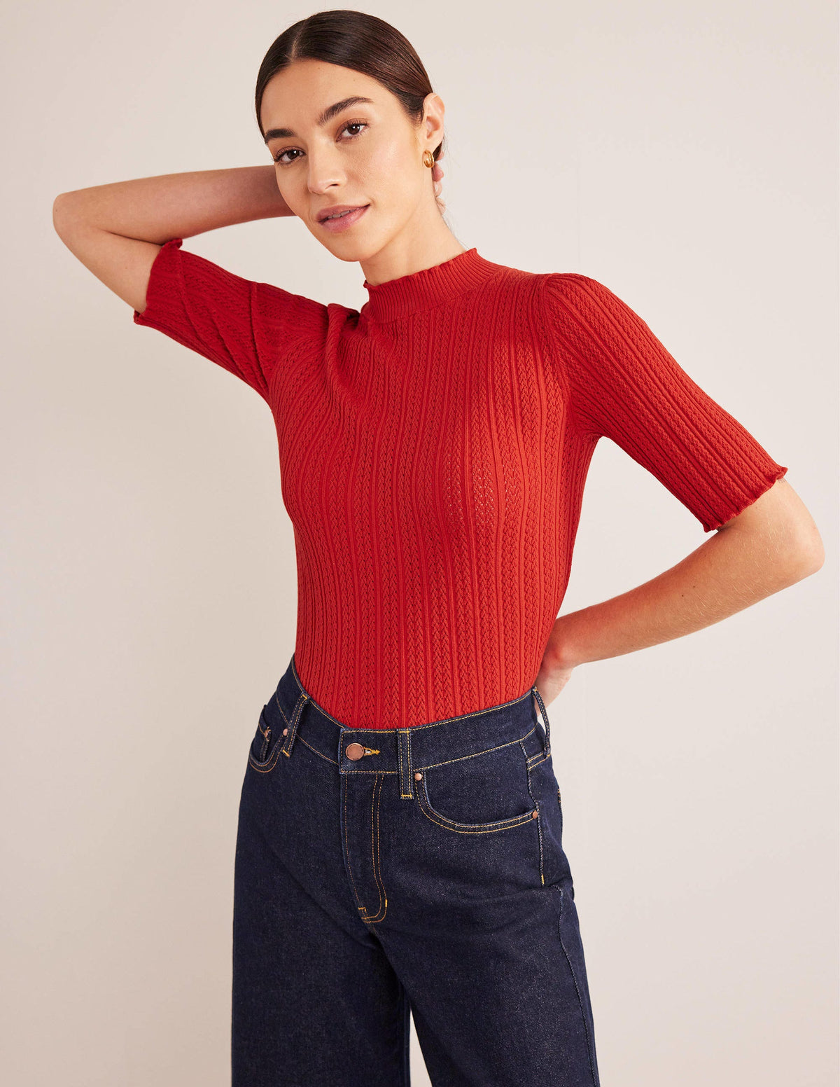 Ribbed Pointelle High Neck Top-Tomato - Image 4