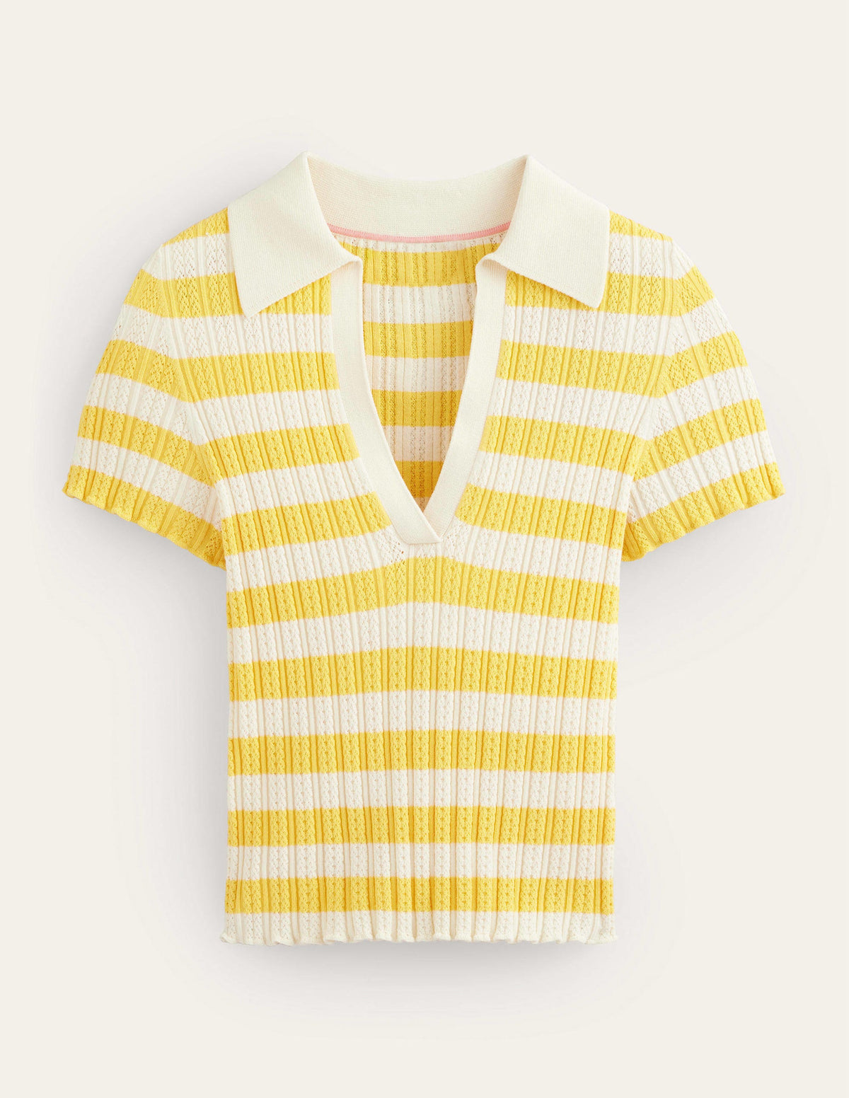 Rippstrick-T-Shirt mit Kragen-Süßes Honiggelb/Naturweiß, Gestreift-5