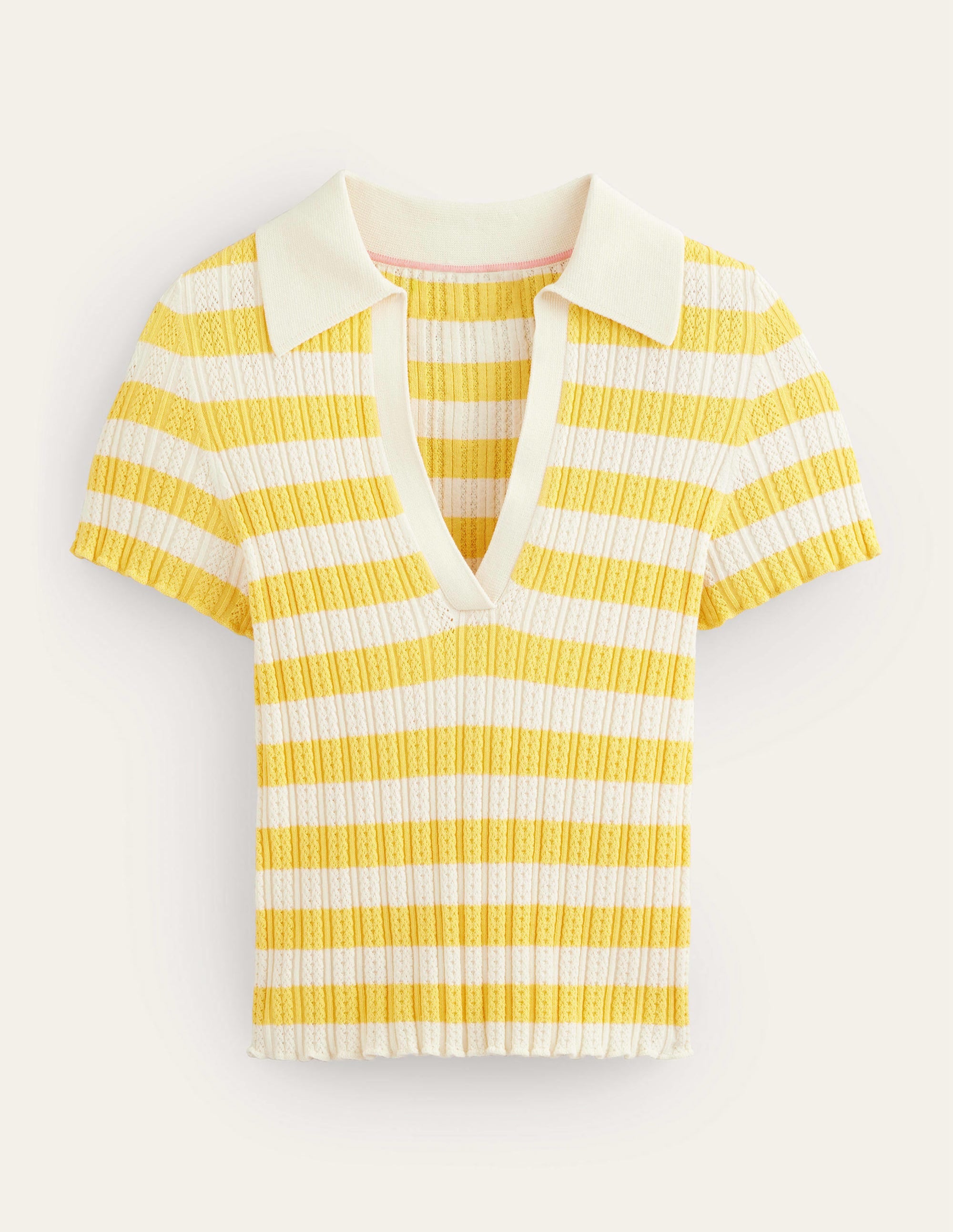 Rippstrick-T-Shirt mit Kragen-Süßes Honiggelb/Naturweiß, Gestreift - Image 5