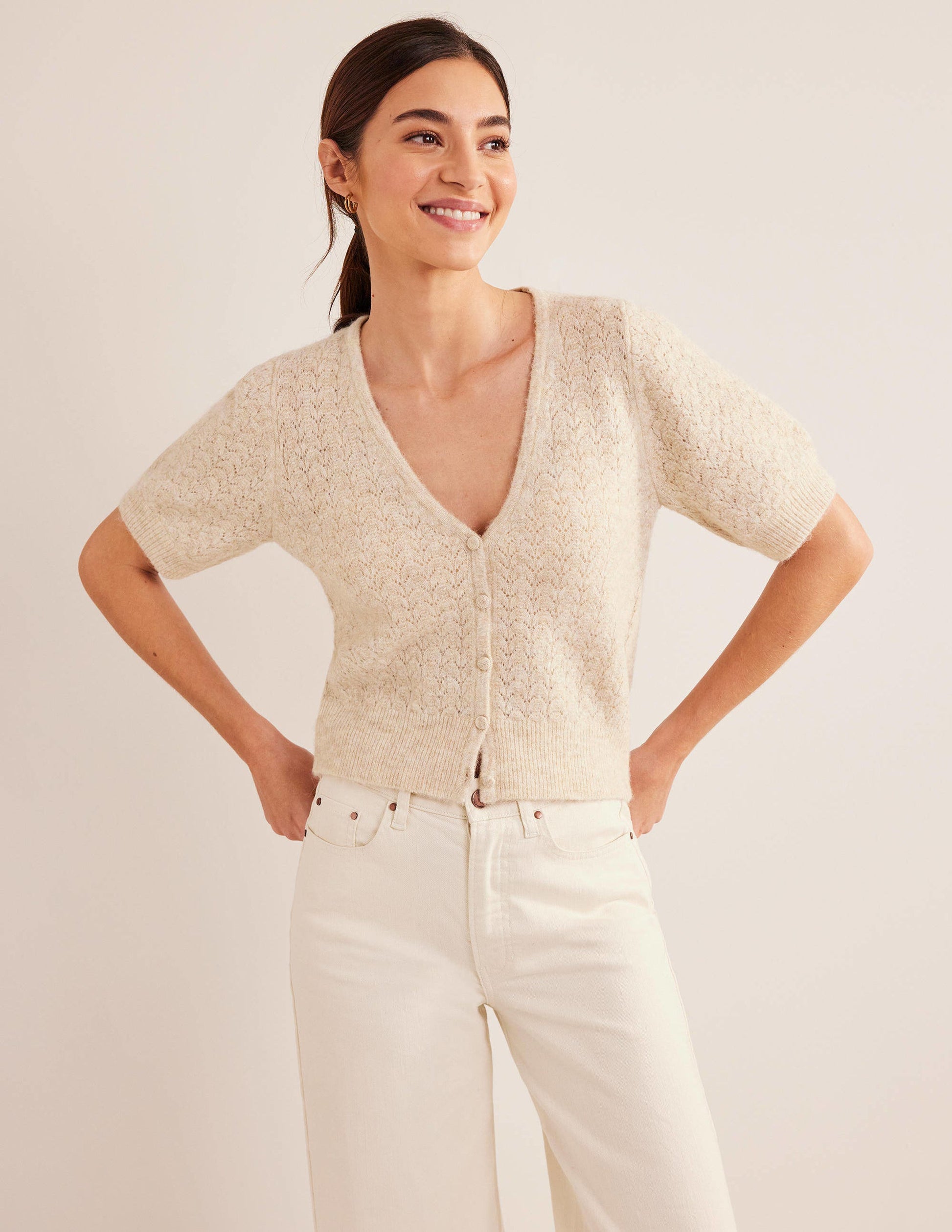 Gilet en pointelle-Avoine chiné-1