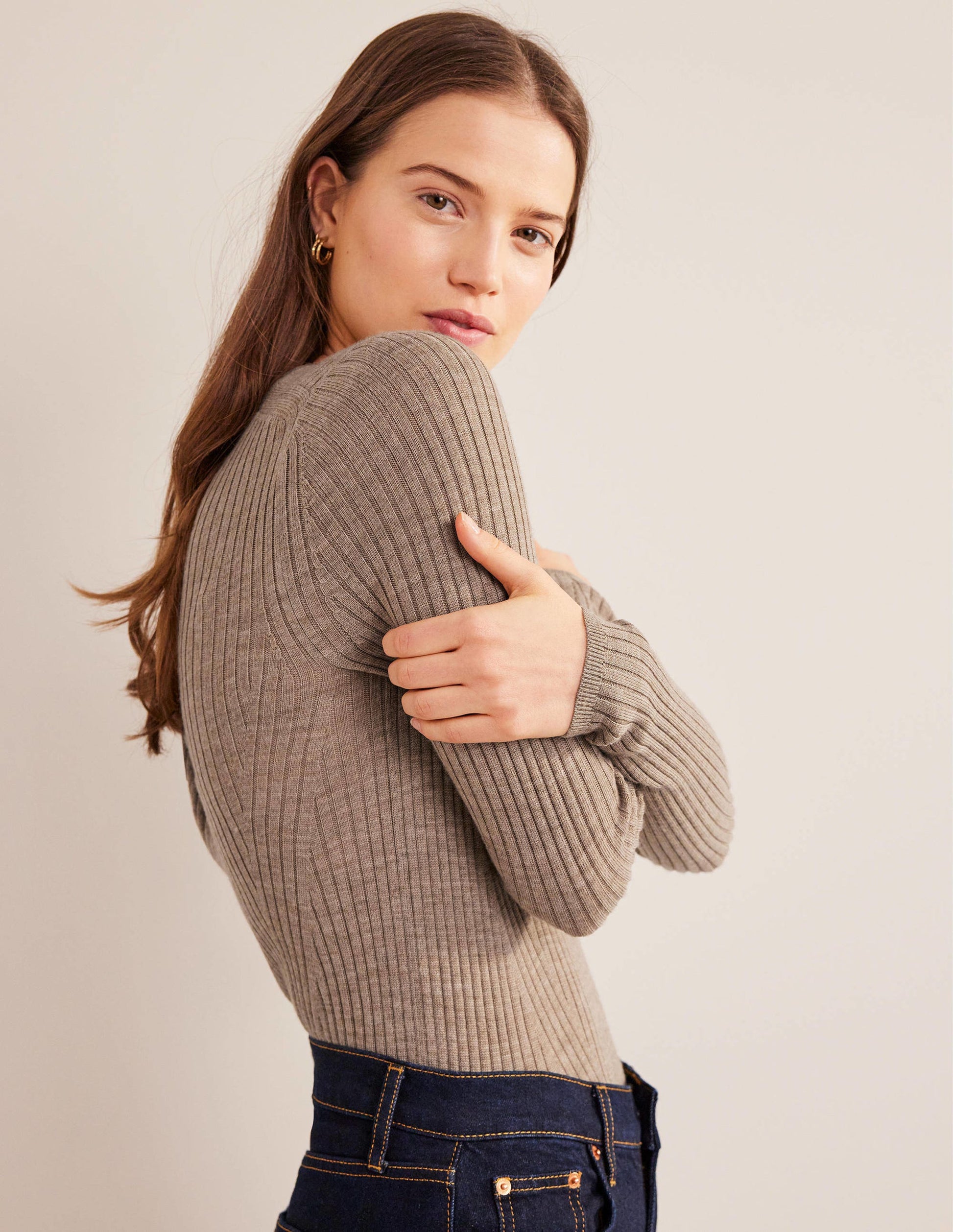 Rippstrickpullover aus Merinowolle-Dunkles Nerzbraun Melange-4