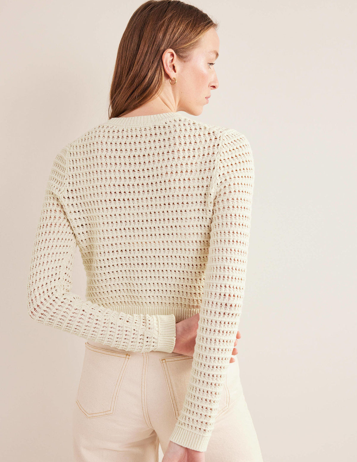 Kurz geschnittener Häkelpullover-Warmes Naturweiß-3