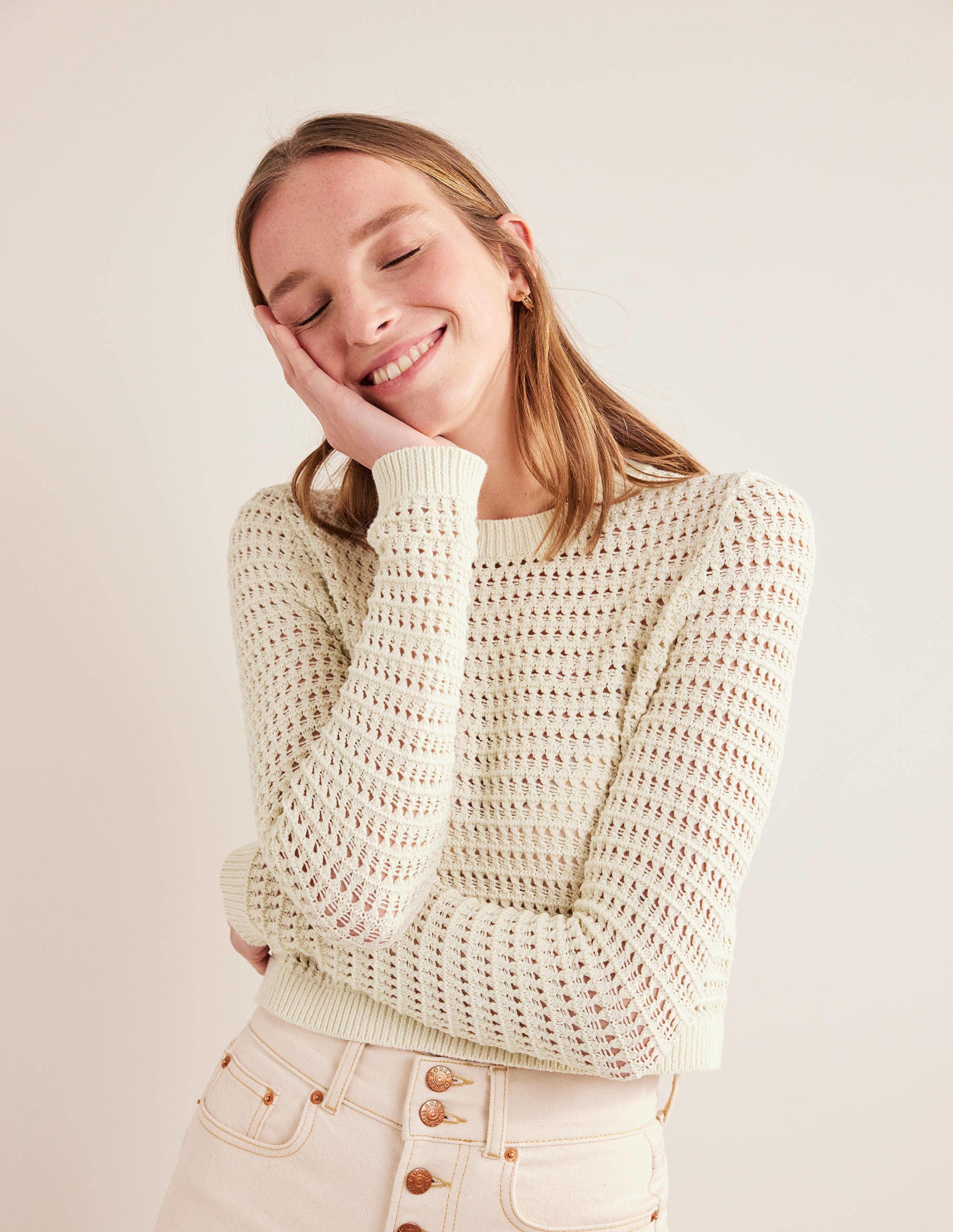 Kurz geschnittener Häkelpullover-Warmes Naturweiß-5