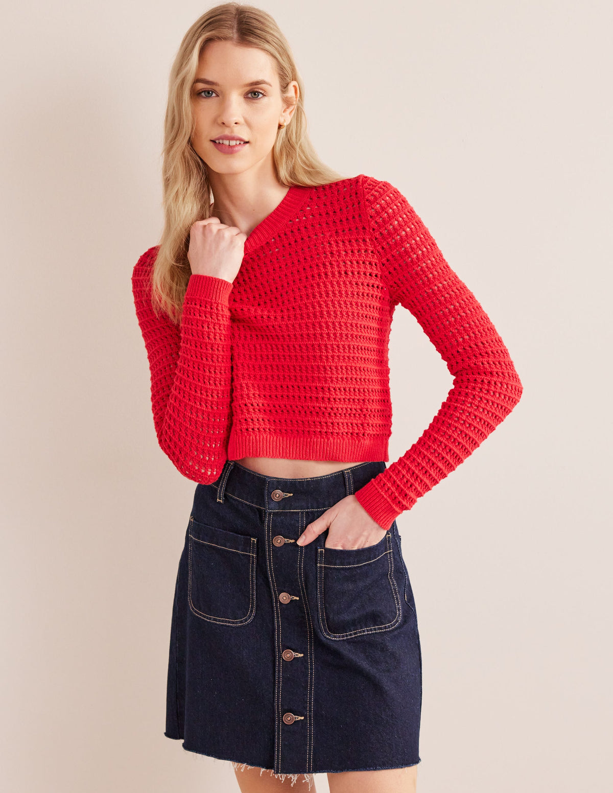 Kurz geschnittener Häkelpullover-Knallrot - Image 4