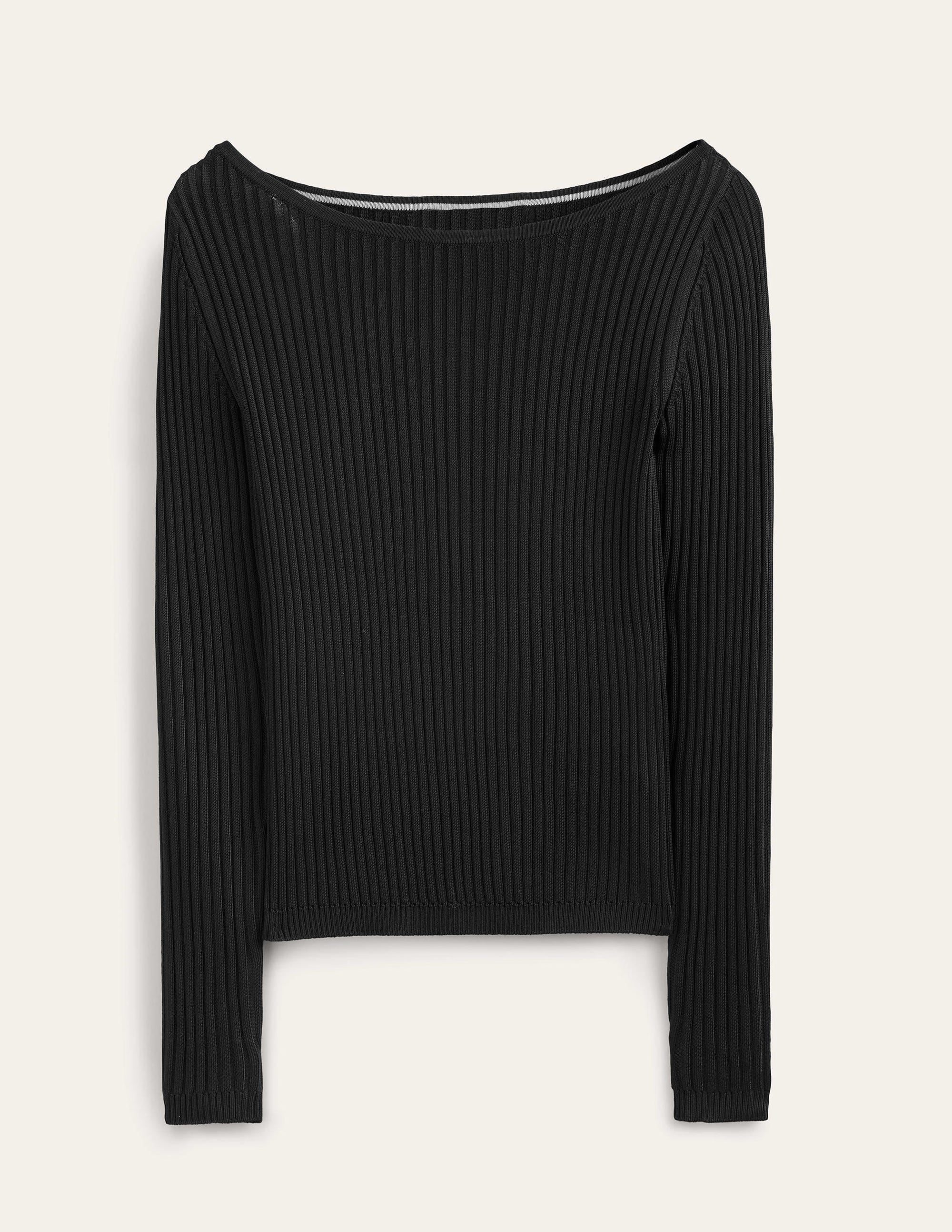 Gerippter Pullover mit U-Boot-Ausschnitt-Schwarz - Image 5