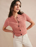 Pointelle-Cardigan mit Rundhalsausschnitt-Zuckerwattenrosa