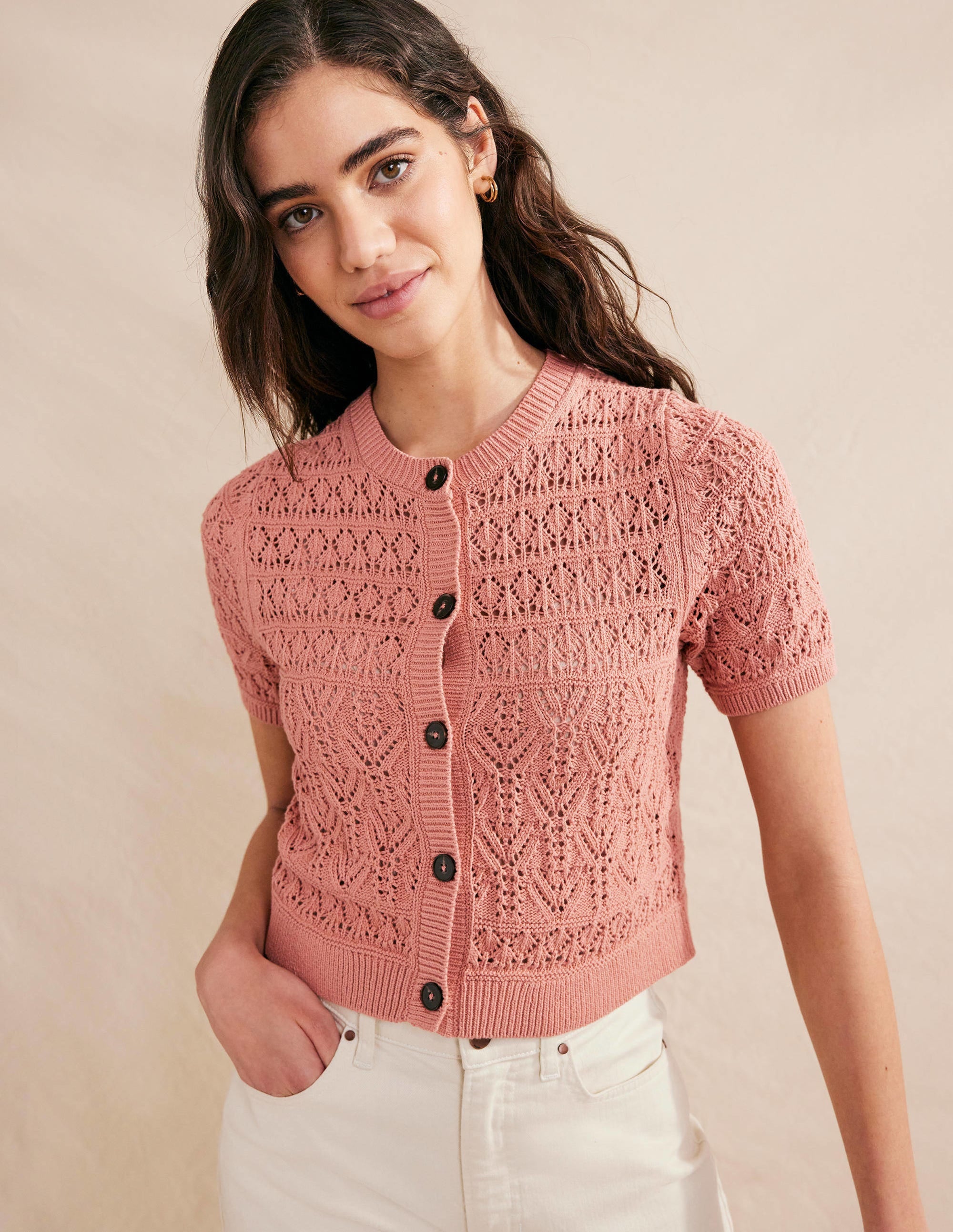 Pointelle-Cardigan mit Rundhalsausschnitt-Zuckerwattenrosa - Image 4
