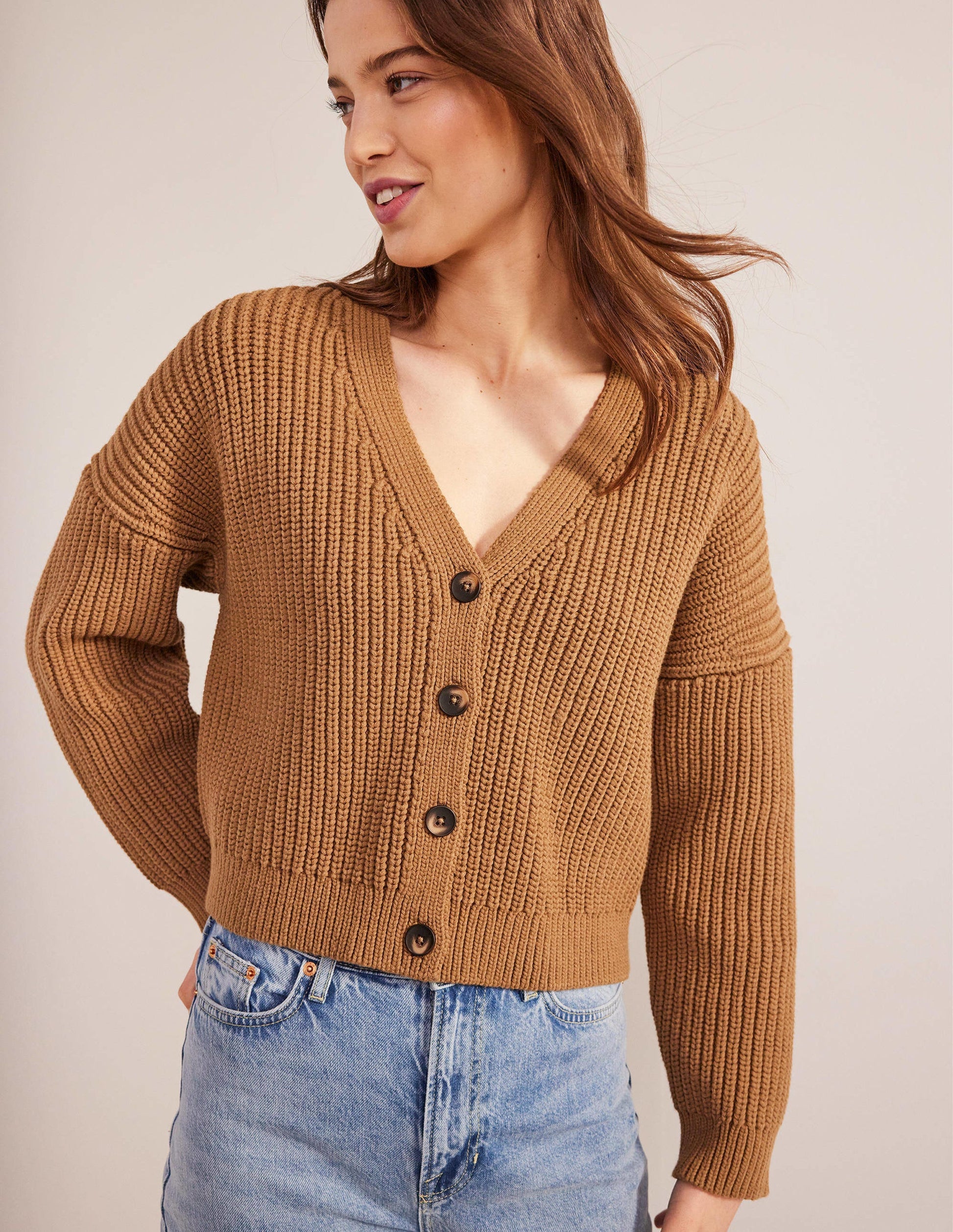 Oversized Ribbed Cardigan-Camel Melange-1