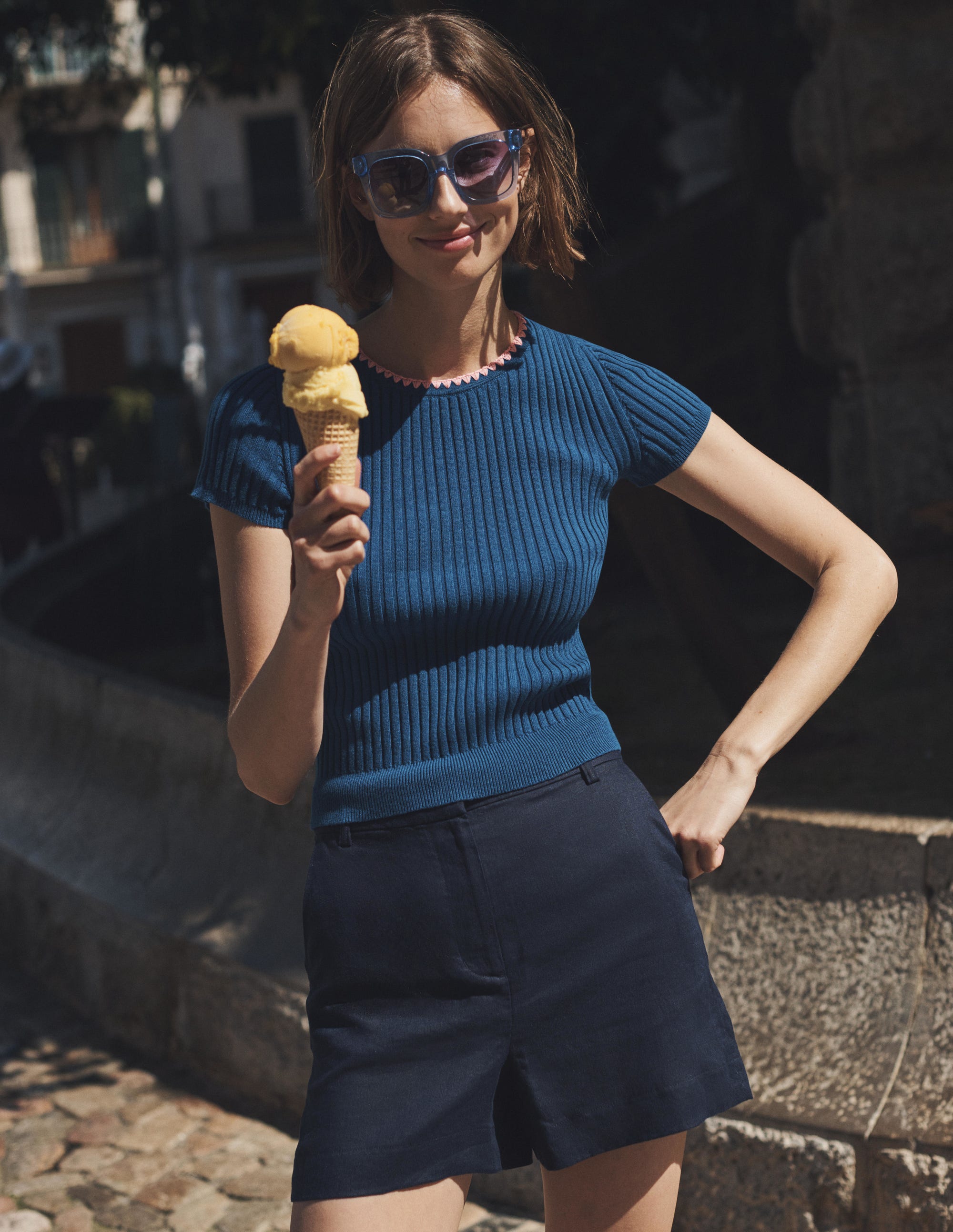 Crochet-Trim Knitted T-Shirt-Sapphire - Image 5
