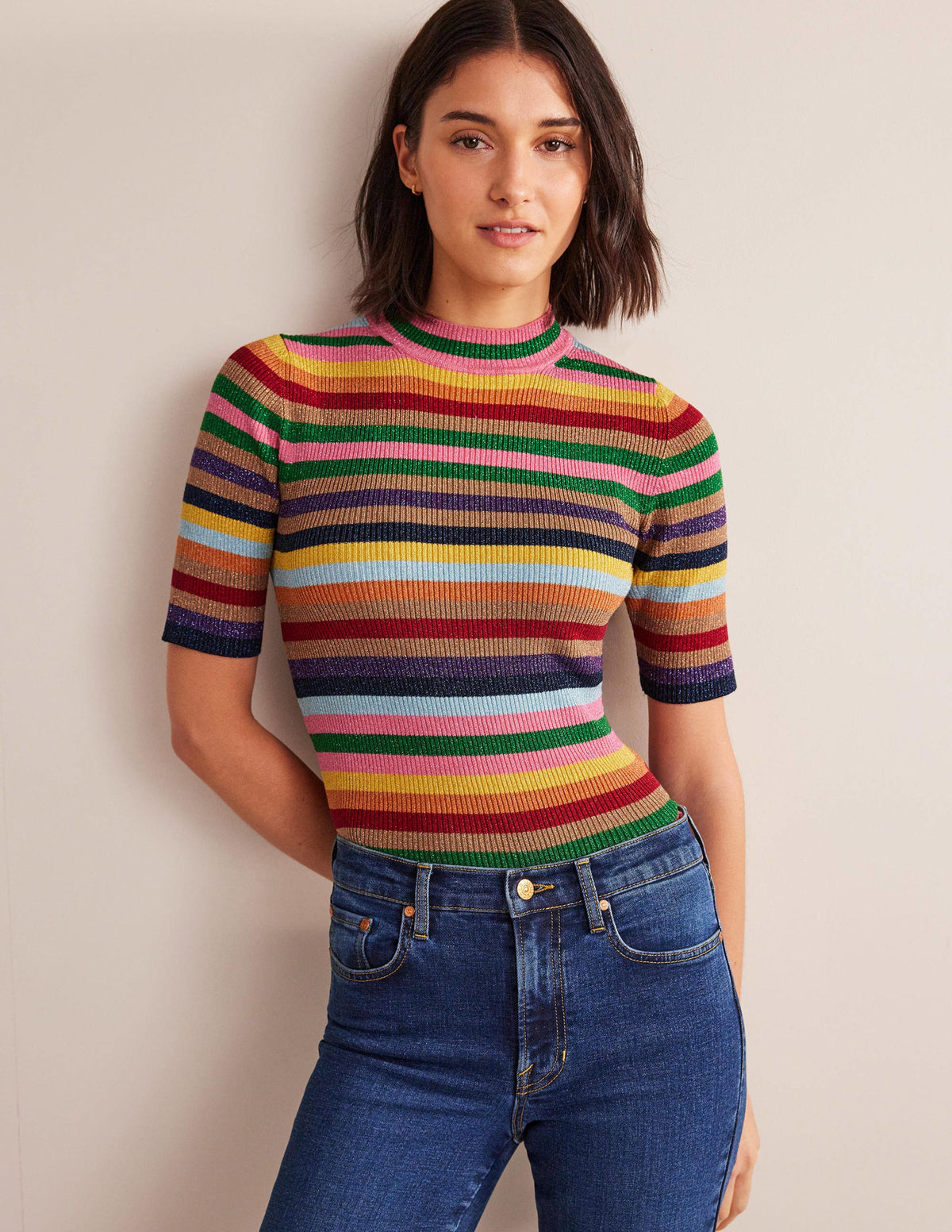 T-shirt col montant en lurex-Lurex rayé multi-1