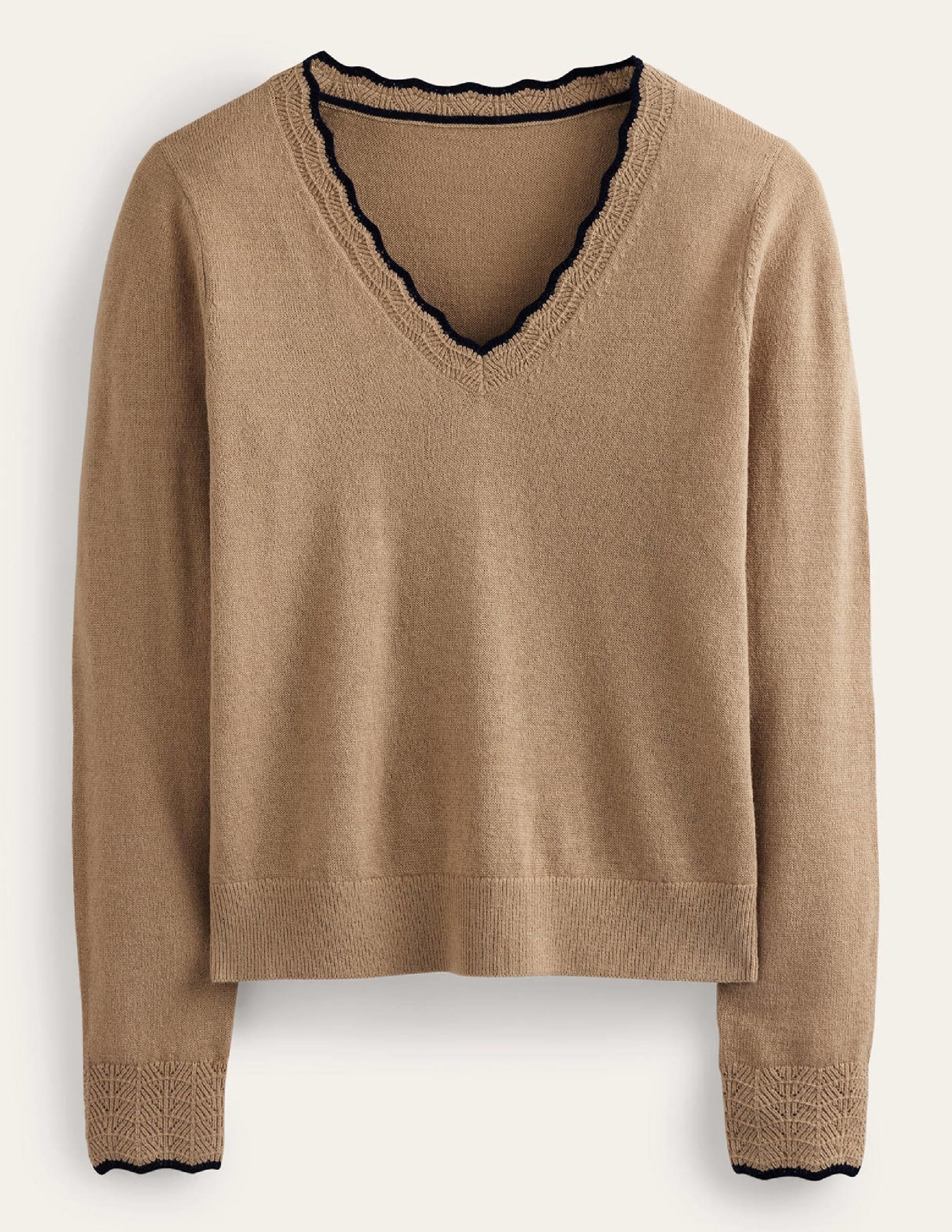 Merino-Pullover mit V-Ausschnitt und Muschelsaum-Kamelbraun Melange - Image 5
