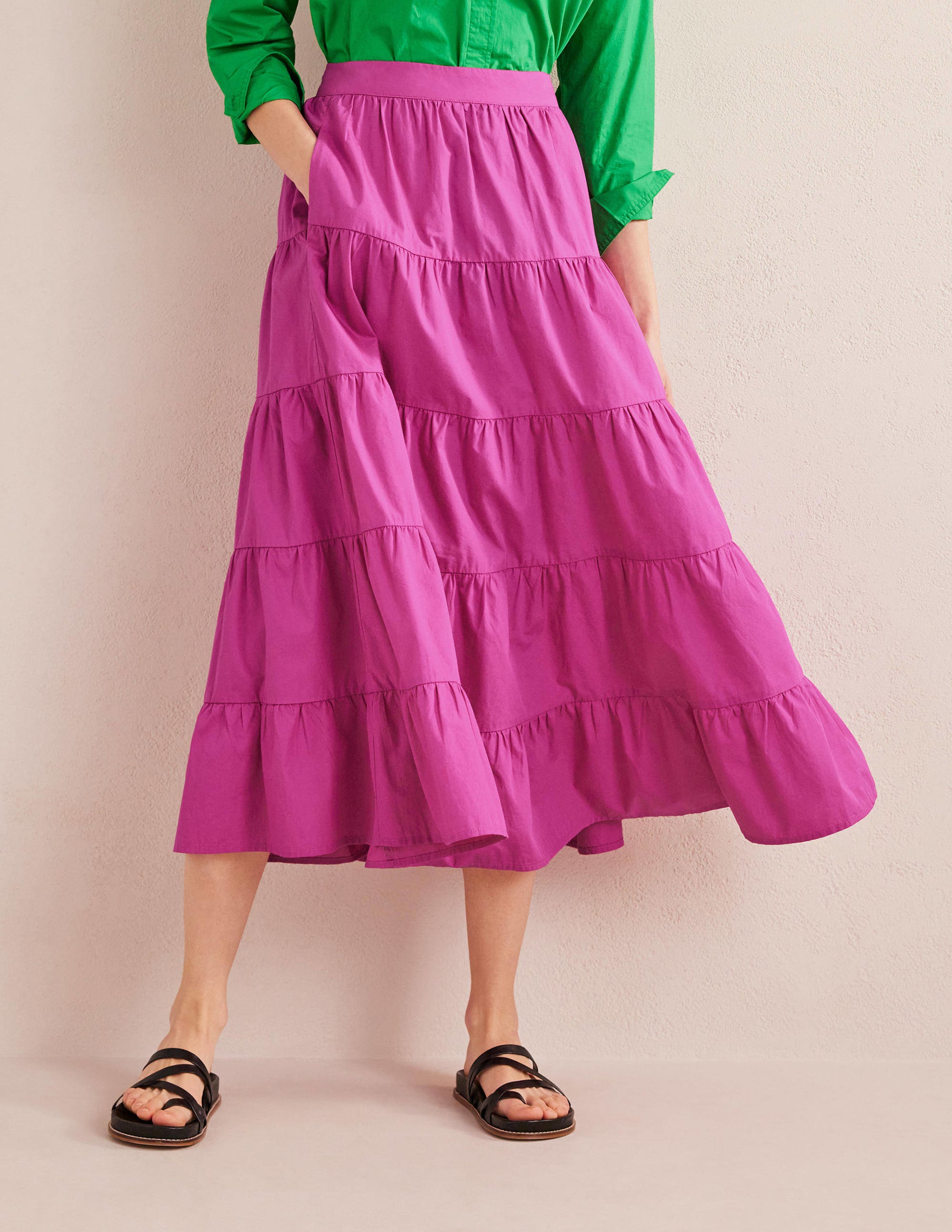 Gestufter Popeline-Midirock-Magenta - Image 4
