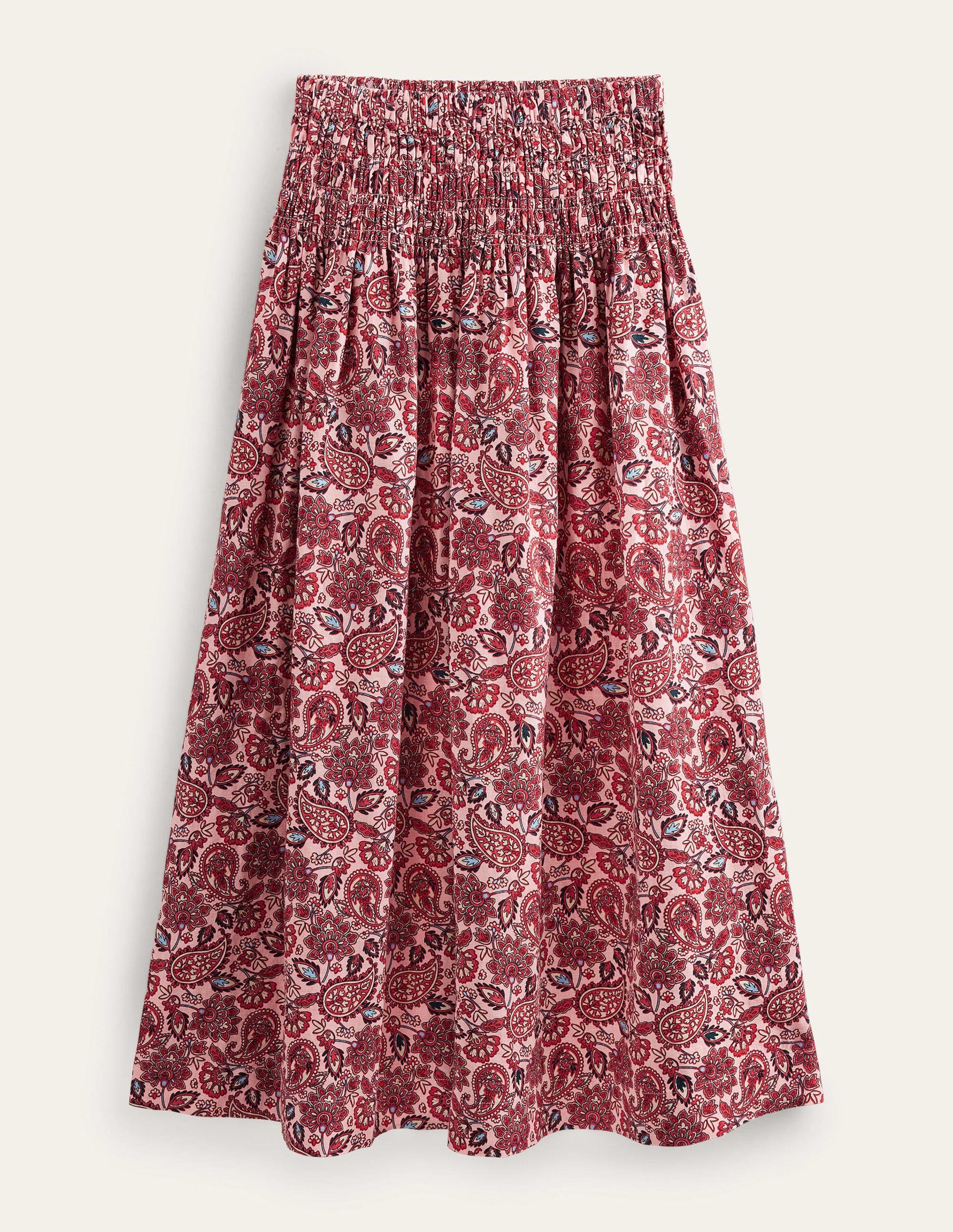 Shirred Waist Linen Midi Skirt-Chalky Pink, Paisley Terrace-5