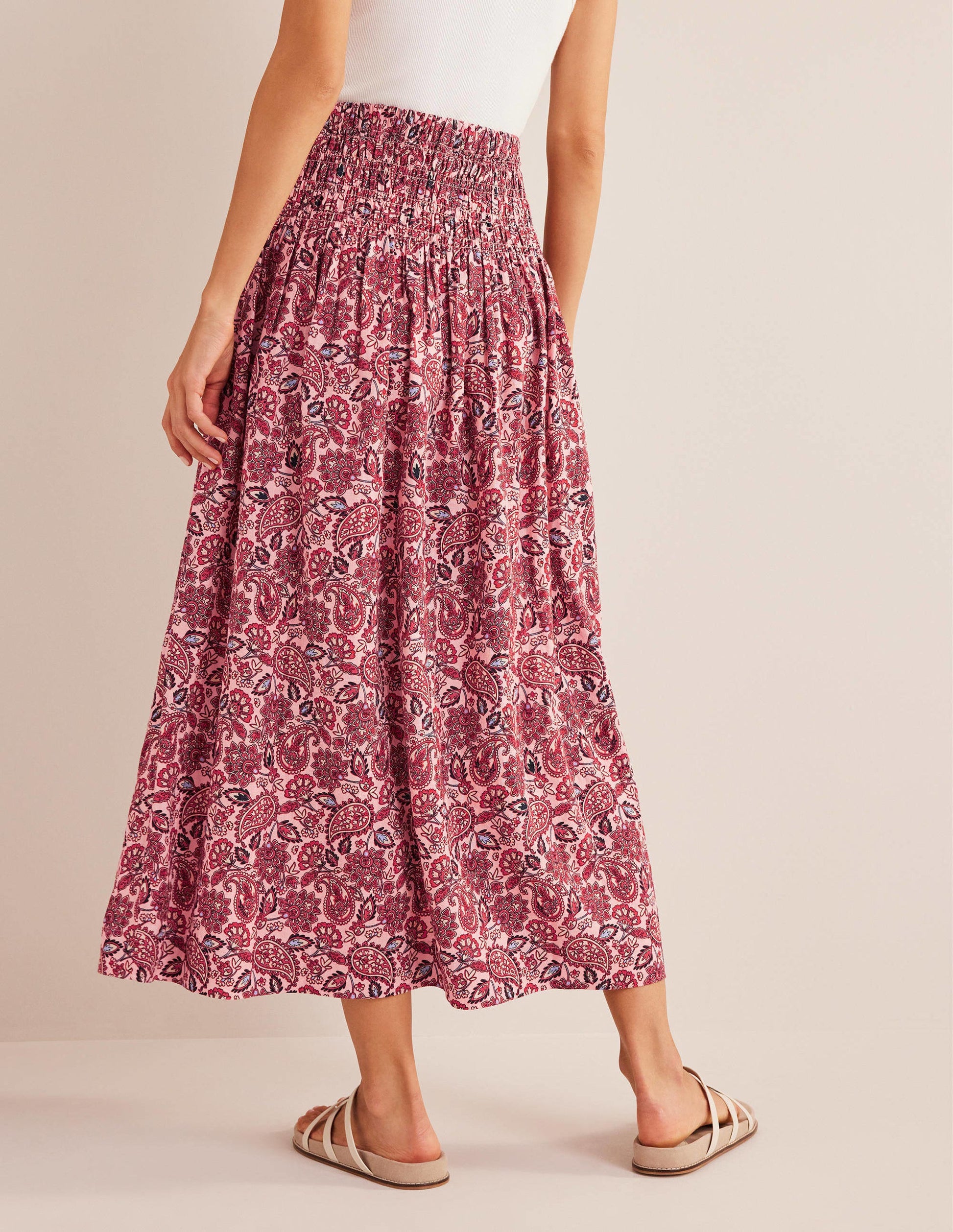 Shirred Waist Linen Midi Skirt-Chalky Pink, Paisley Terrace-3