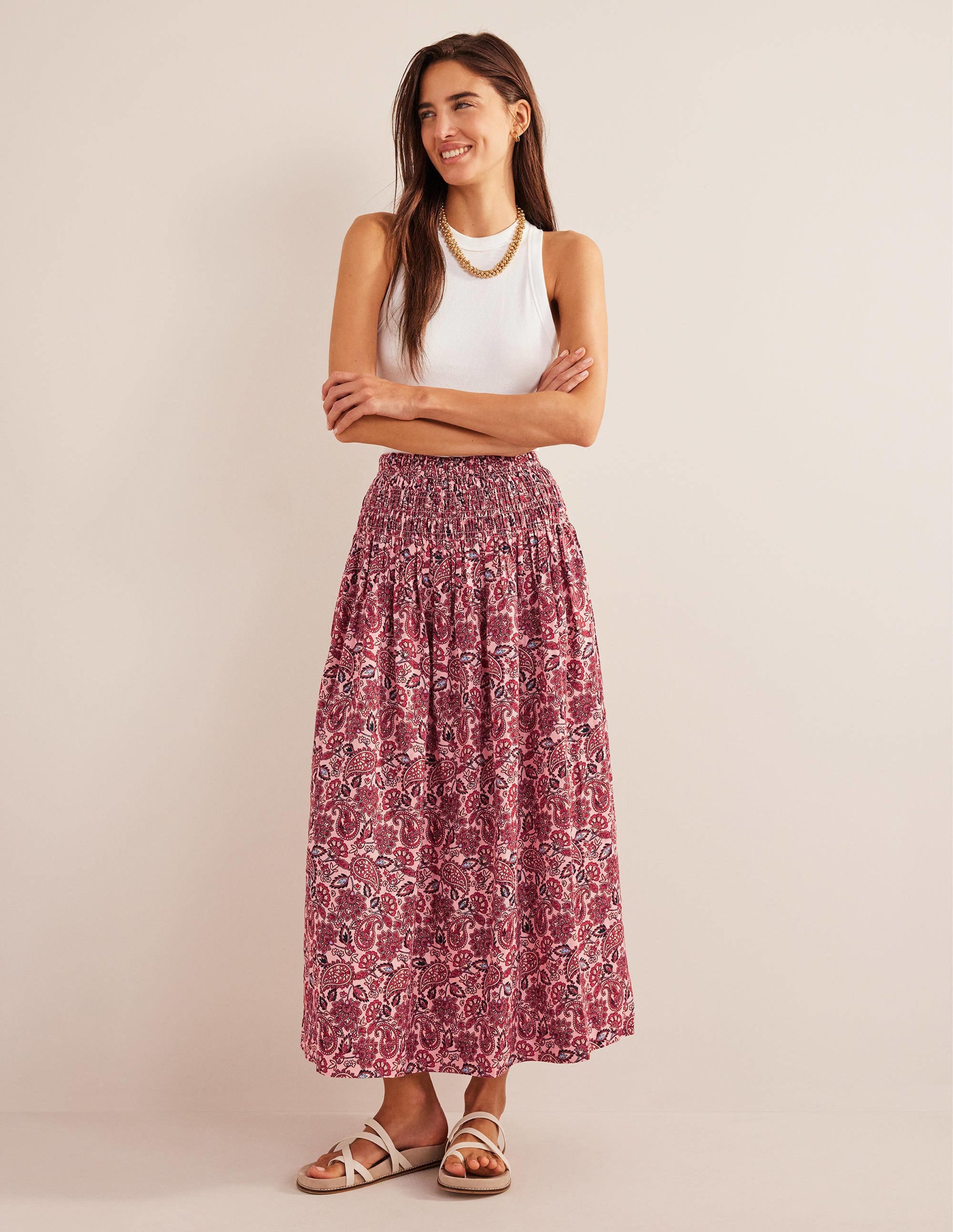 Shirred Waist Linen Midi Skirt-Chalky Pink, Paisley Terrace - Image 4
