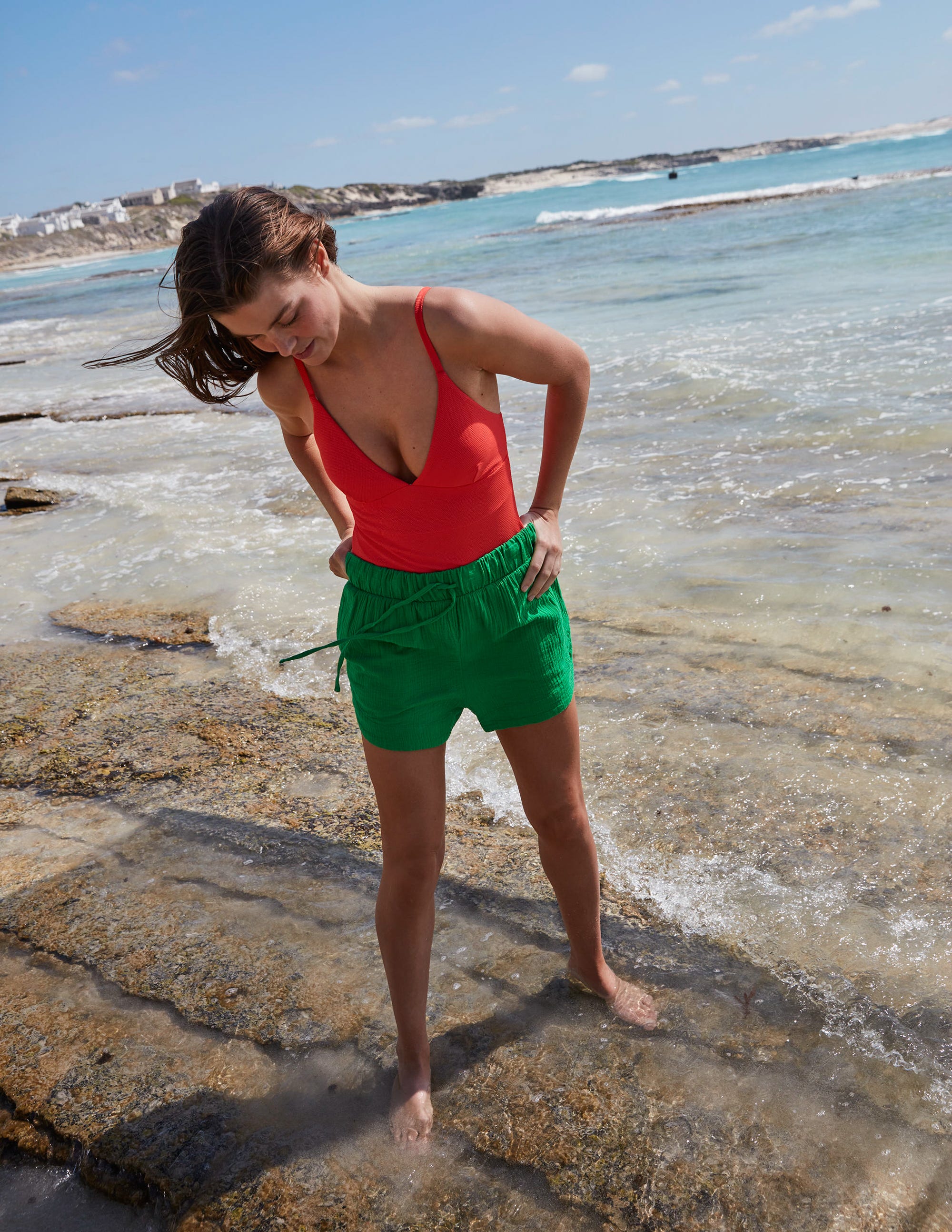 Short noué à la taille en étamine-Vert vif - Image 5