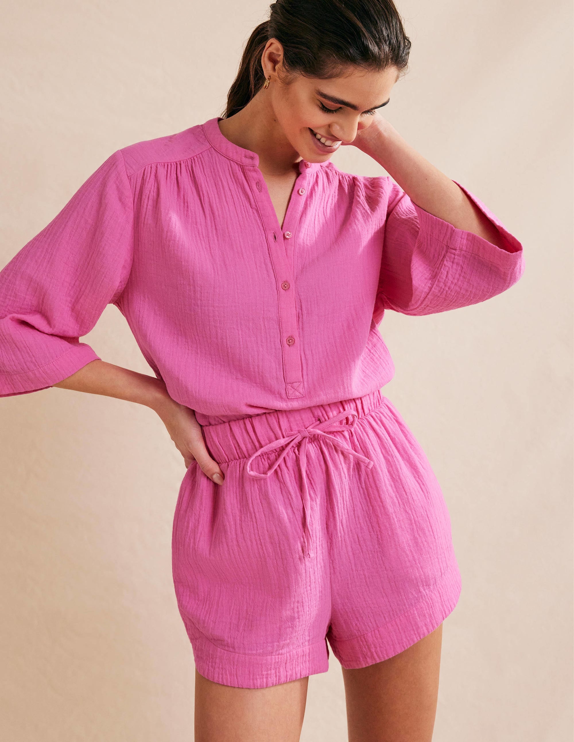 Tie Waist Cheesecloth Shorts-Festival Pink - Image 5