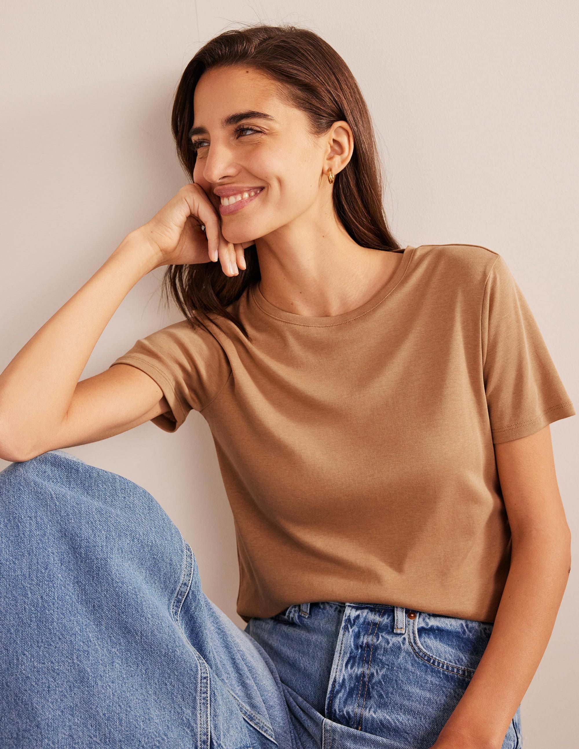 T-shirt col rond en jersey-Camel - Image 1