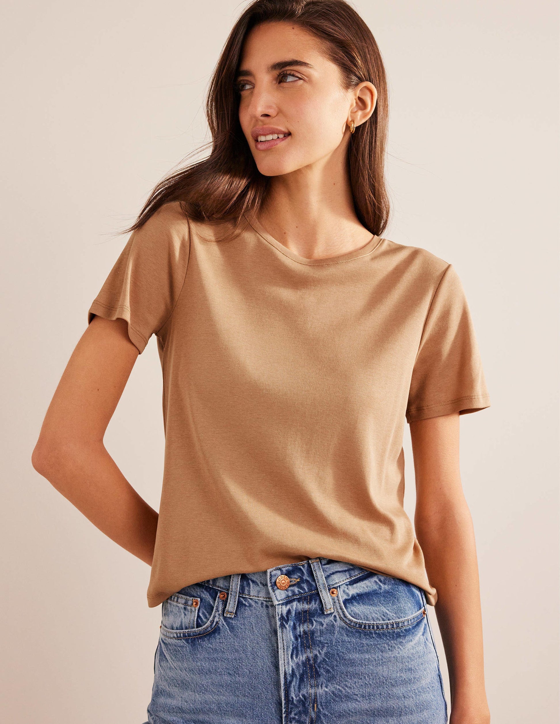 T-shirt col rond en jersey-Camel-4
