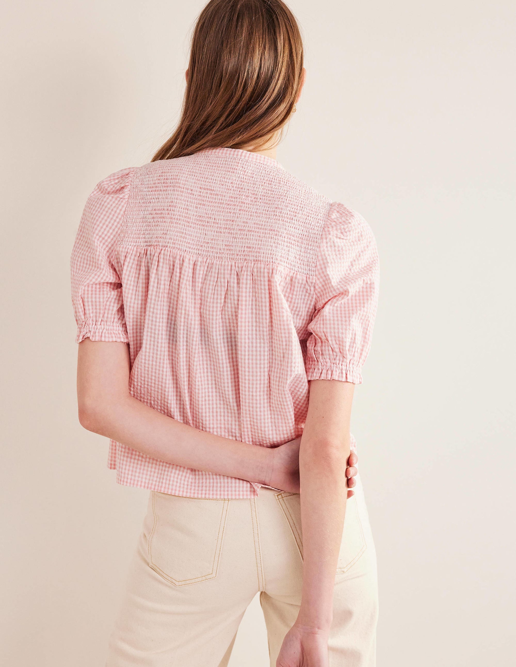 Tunique courte en seersucker à manches bouffantes-Vichy rose dahlia - Image 3