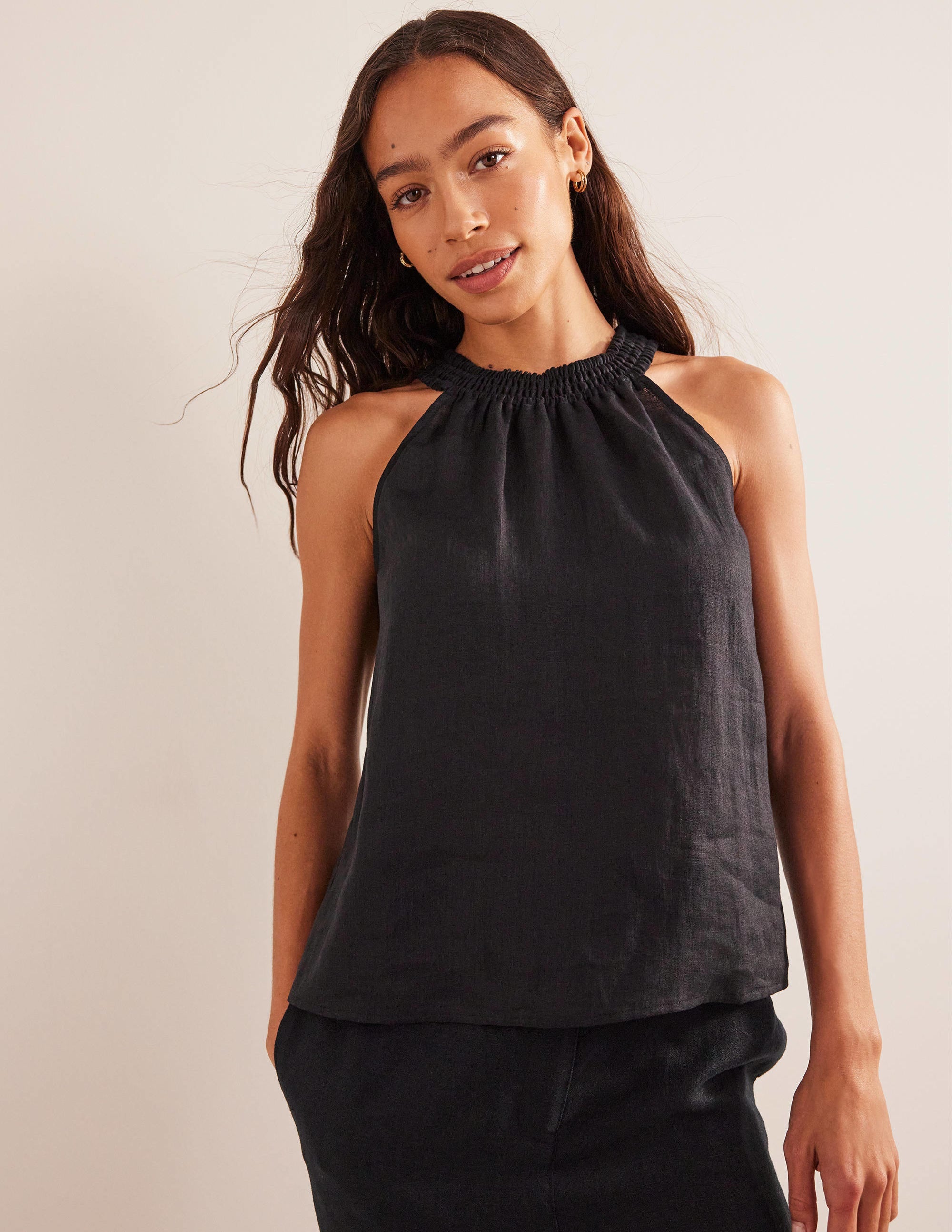 Linen Smocked Halter Top-Black - Image 1