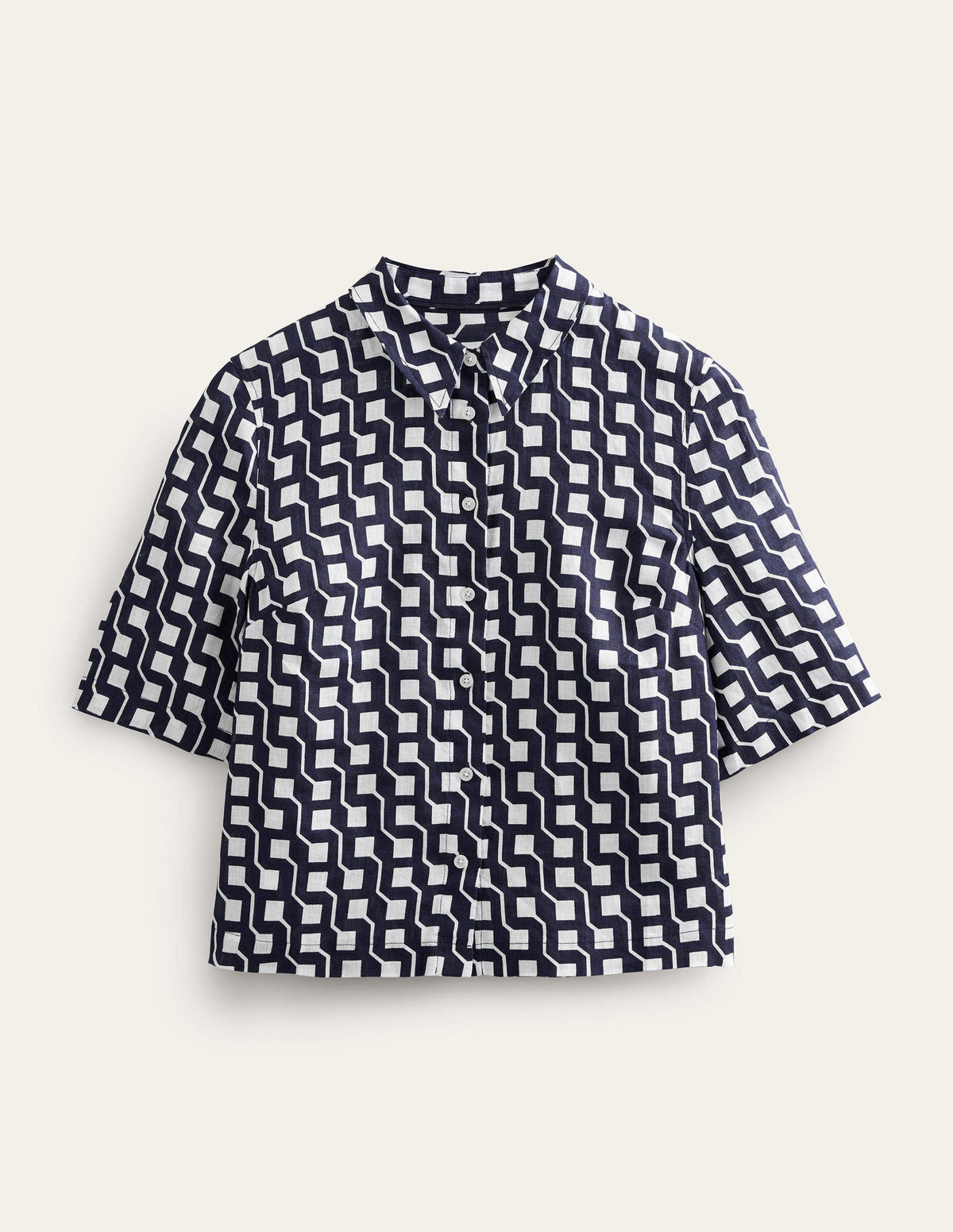 Chemise manches courtes en lin-Bleu marine foncé, motif Cube Geo-6