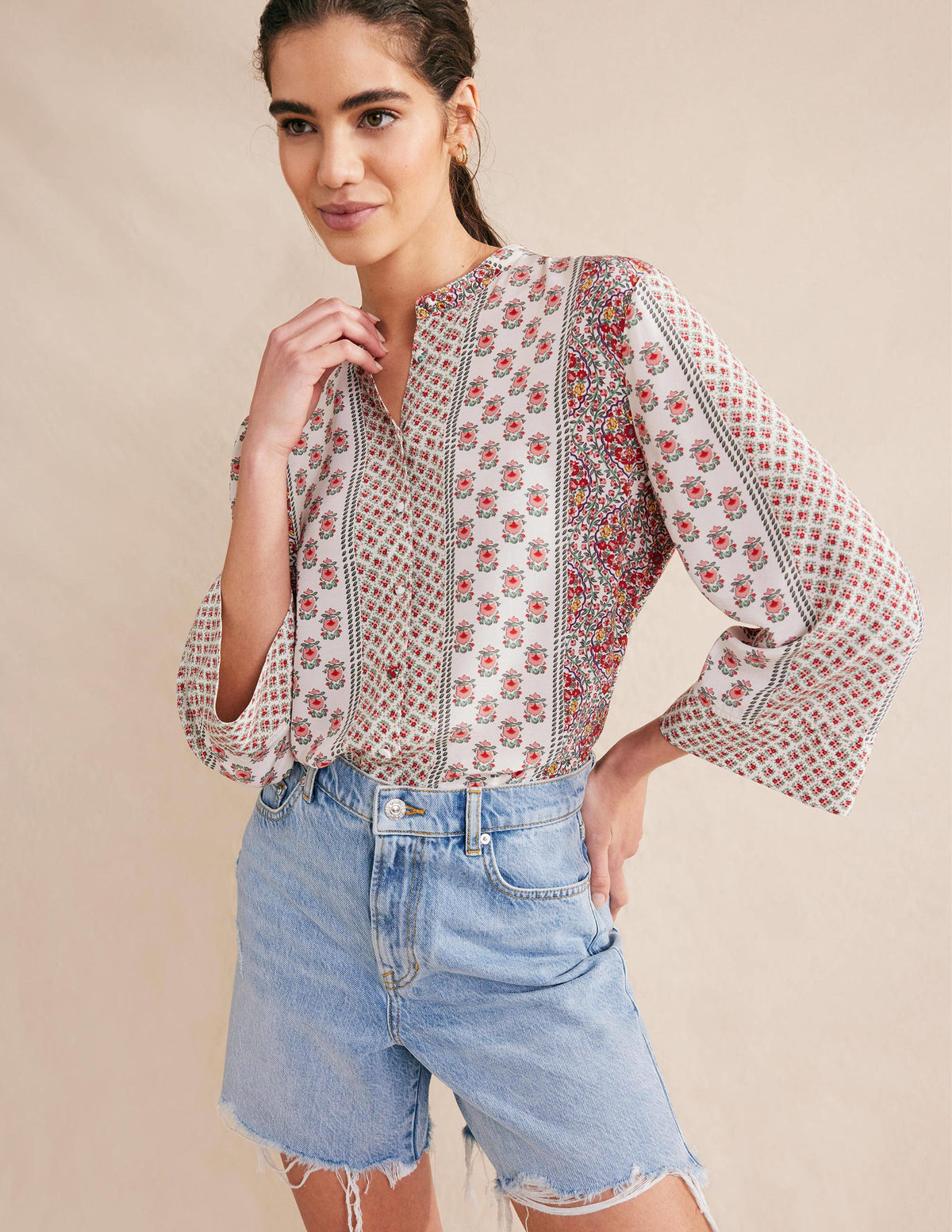 Wide Sleeve Relaxed Blouse-Rose Pink, Dainty Floret - Image 5