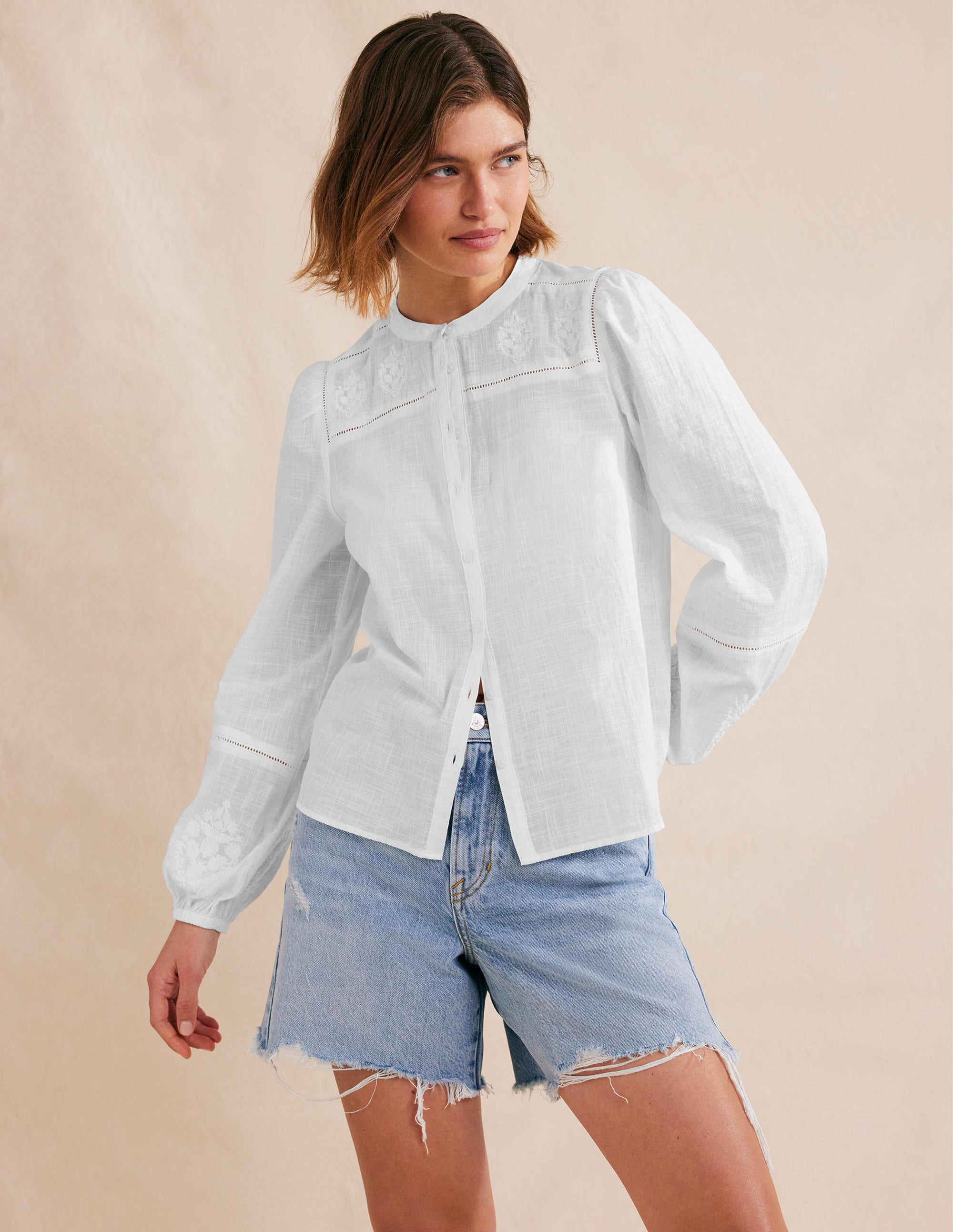 Embroidered Blouson Sleeve Top-White - Image 1