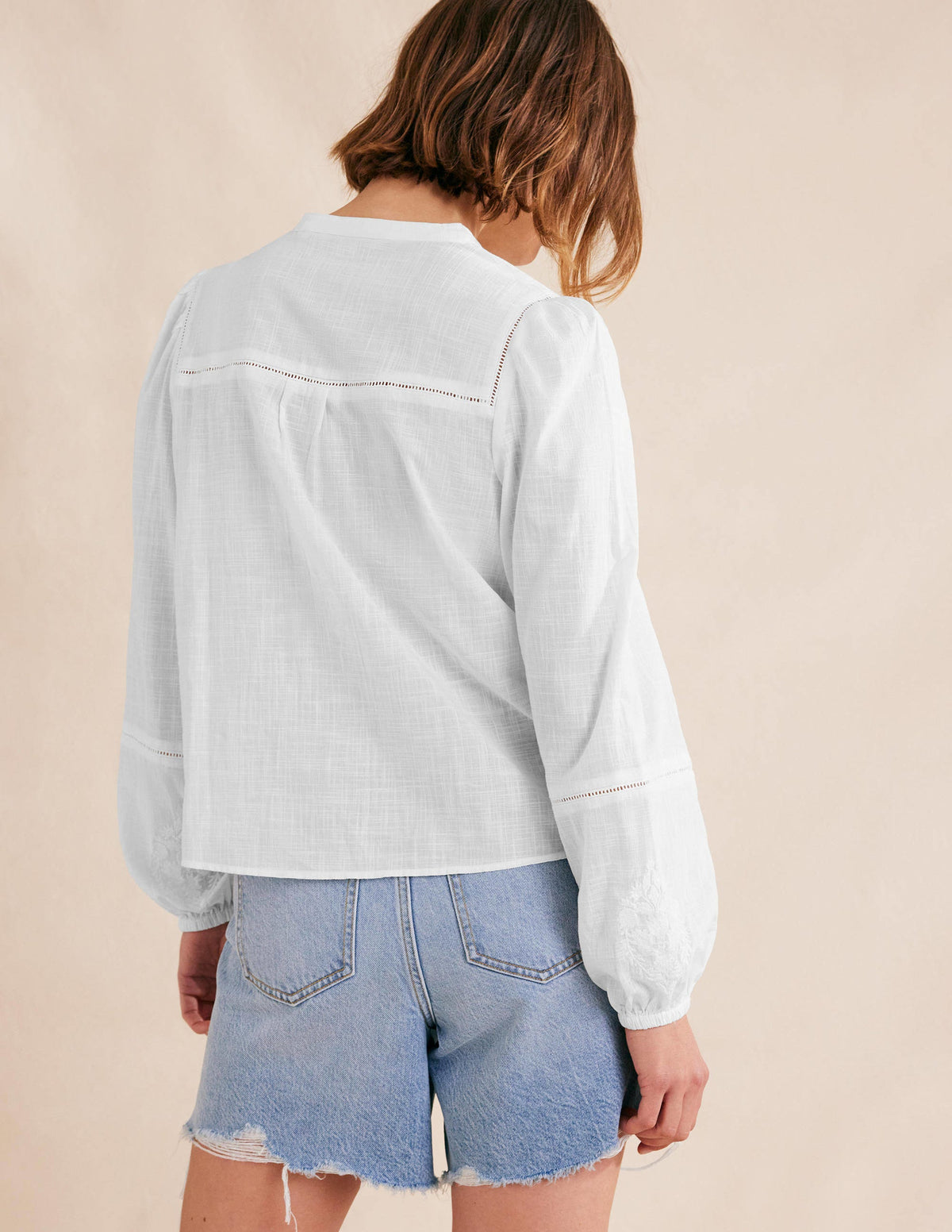 Embroidered Blouson Sleeve Top-White - Image 3