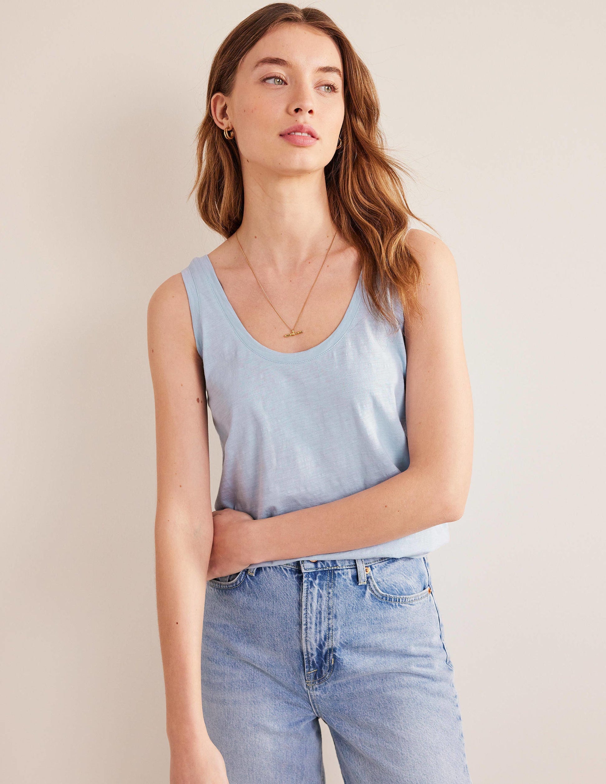 Débardeur décontracté à col en U-Bleu chambray-1