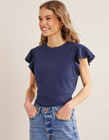 T-Shirt mit Rundhalsausschnitt und Flatterdetails-Marineblau