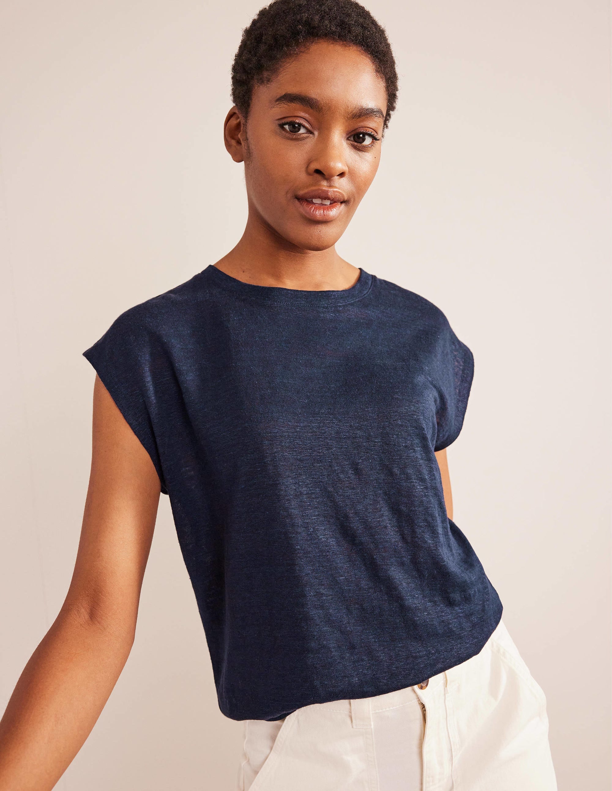 Leinen-T-Shirt mit Rundhalsausschnitt-Marineblau - Image 1