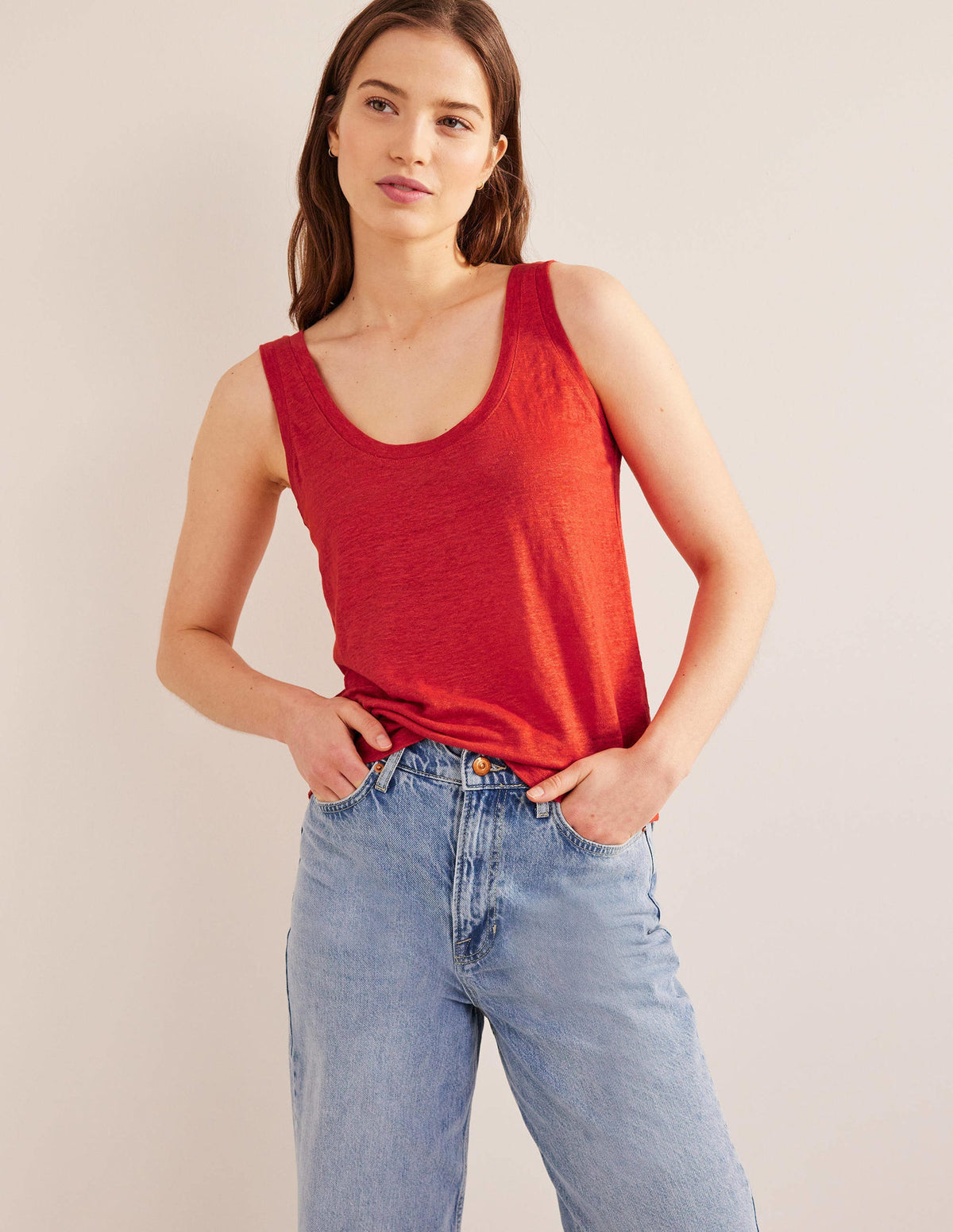 Leinen-Top mit tiefem Rundhalsausschnitt-Tomatenrot-4