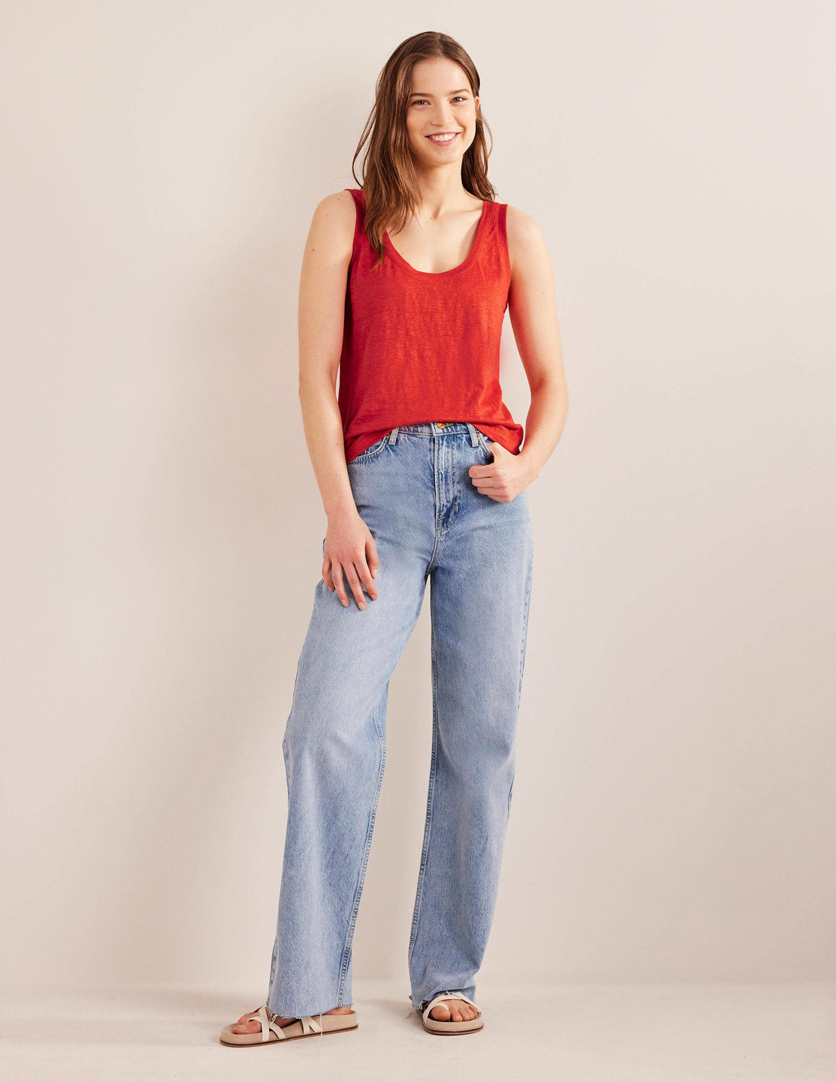 Leinen-Top mit tiefem Rundhalsausschnitt-Tomatenrot-5
